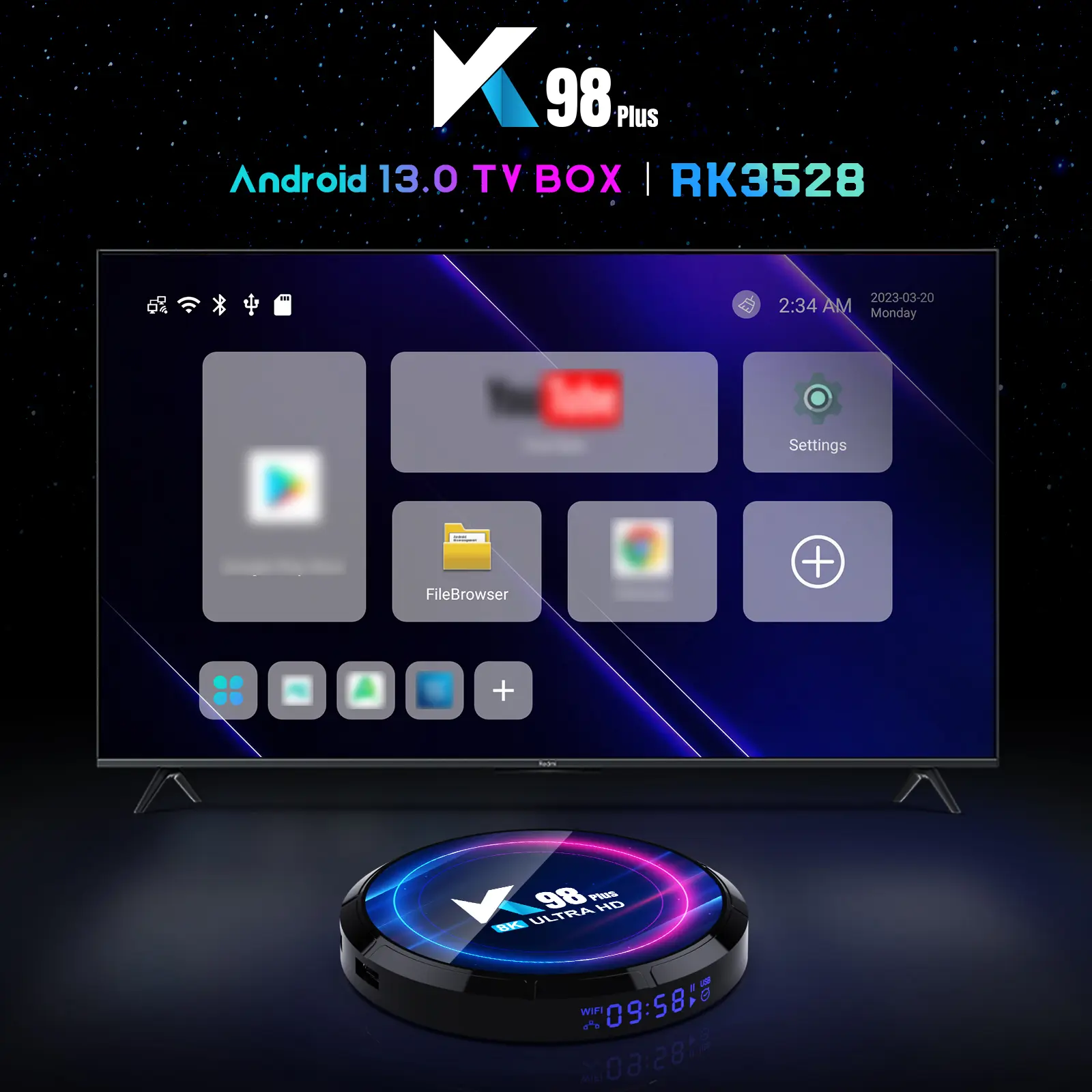 K98 PLUS Android 13.0 Smart TV Box RK3528 Quad-core UHD 4K Media Player H.265 8K Decoding HDR10+ 2.4G/5G WiFi6 BT5.0 4GB+64GB wi