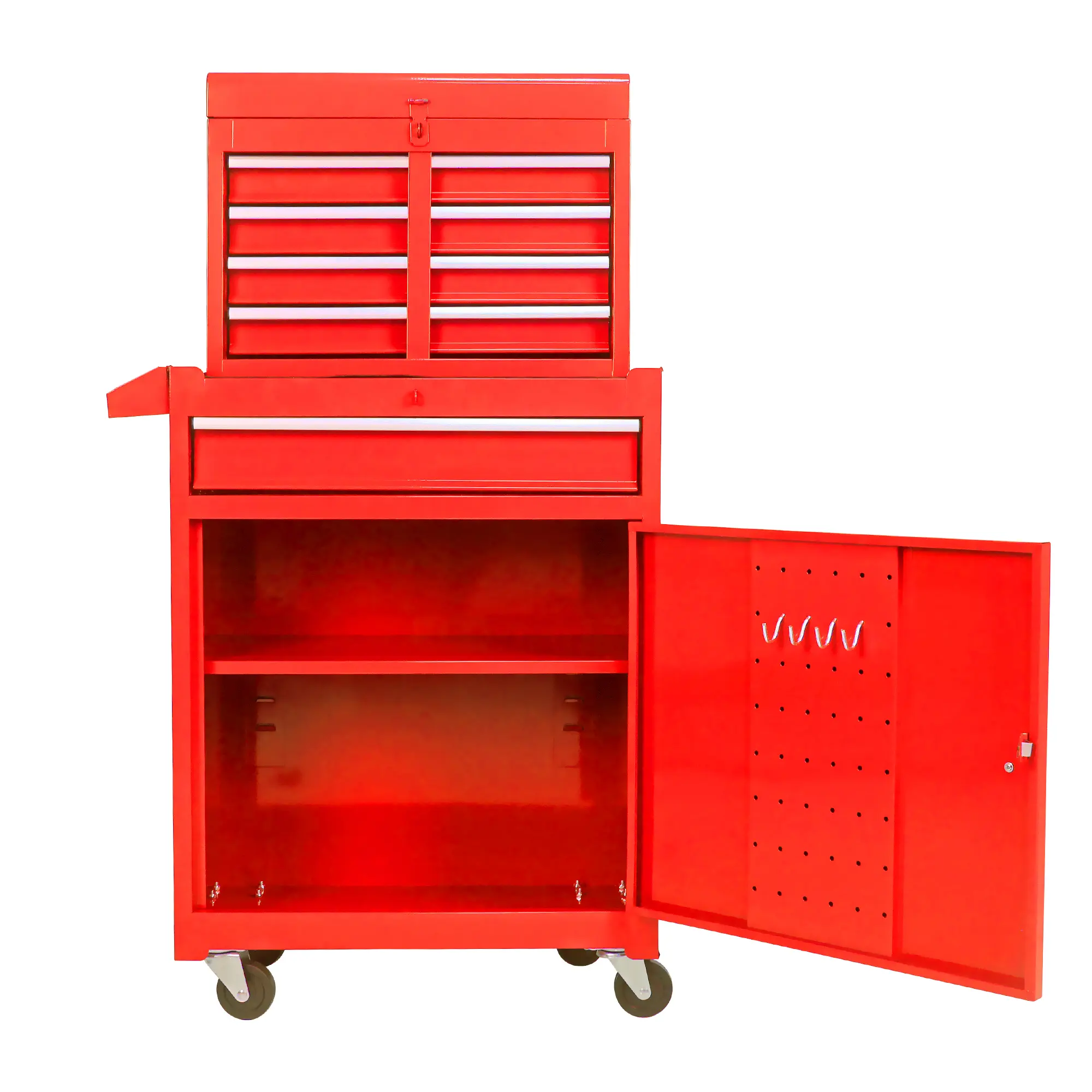 Detachable 5 Drawer Tool Chest with Bottom Cabinet and one Adjustable Shelf--Red