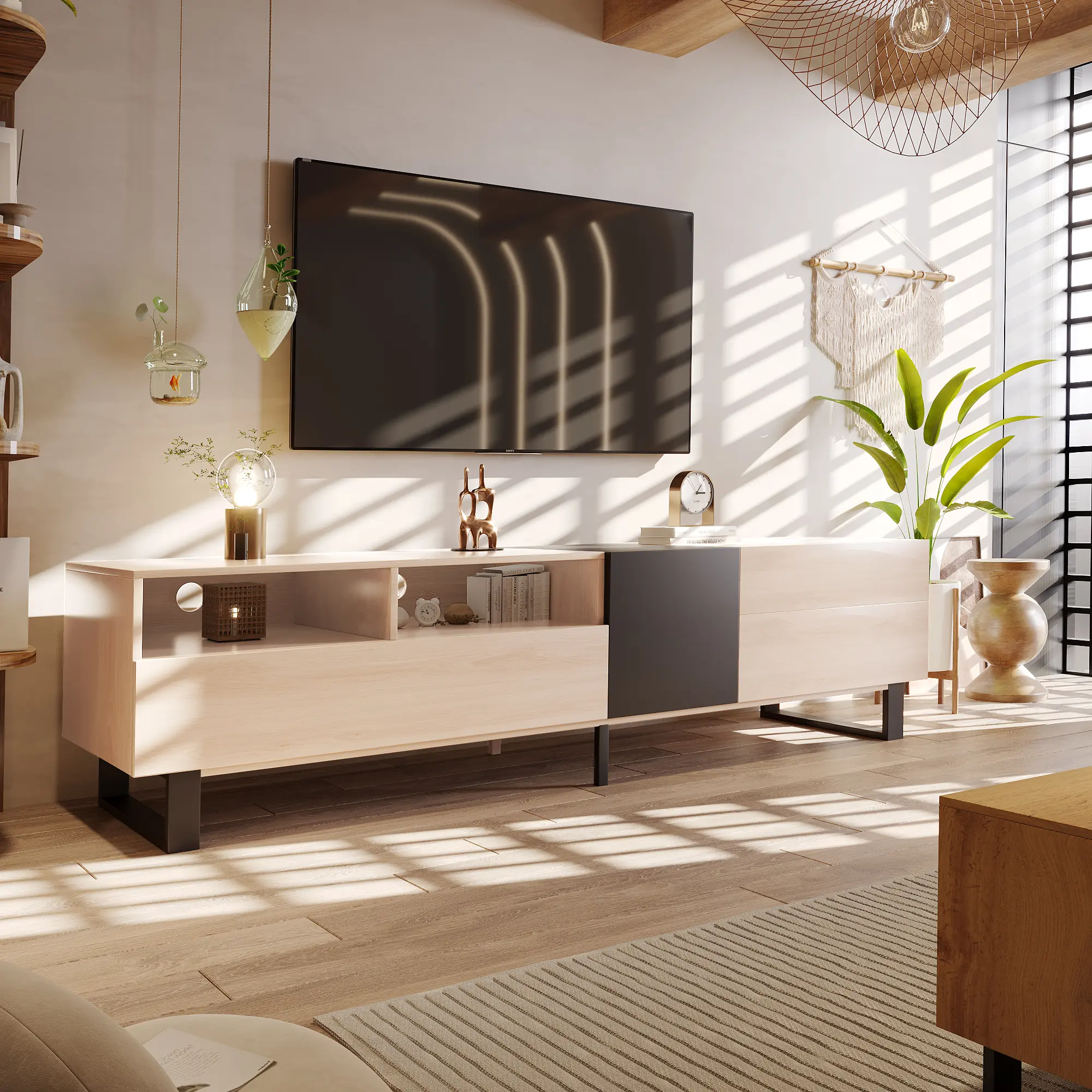 Modern TV Stand for 80'' TV with Double Storage Space, Media Console Table, Entertainment Center with Drop Down Door for Living