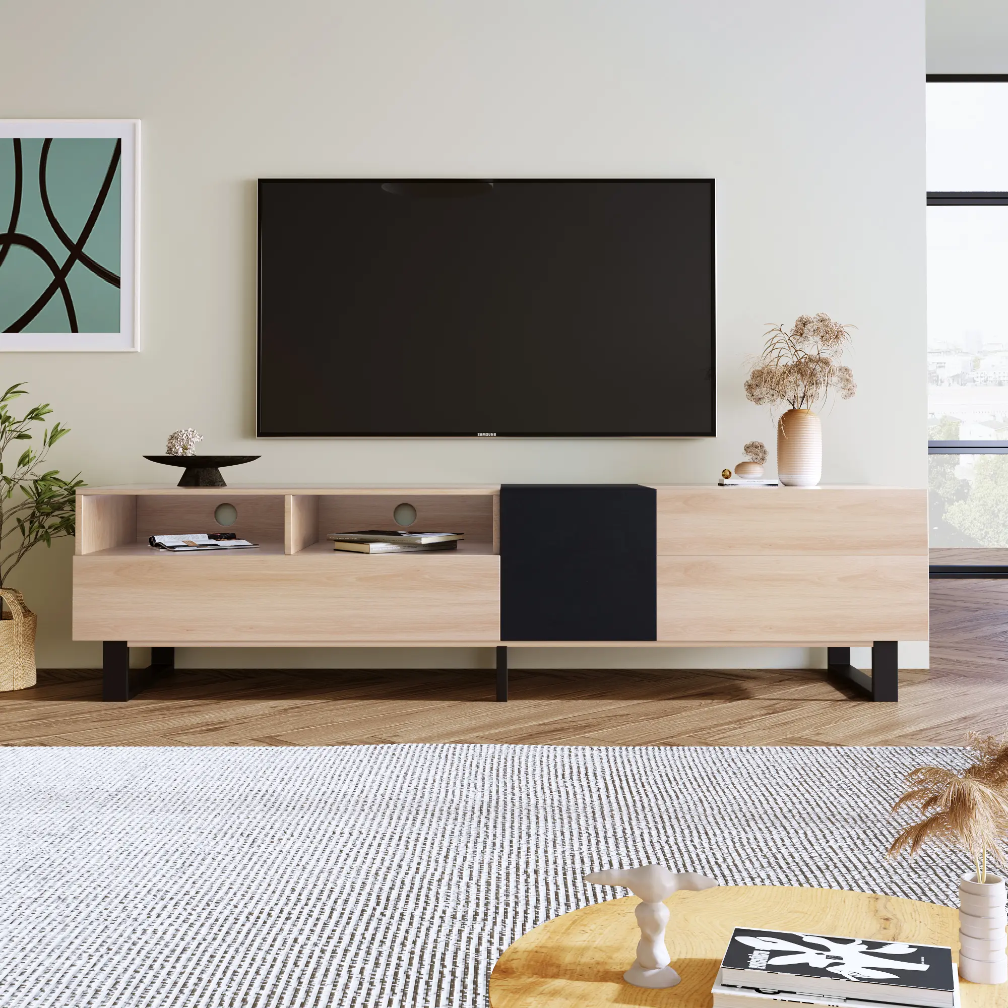 Modern TV Stand for 80'' TV with Double Storage Space, Media Console Table, Entertainment Center with Drop Down Door for Living