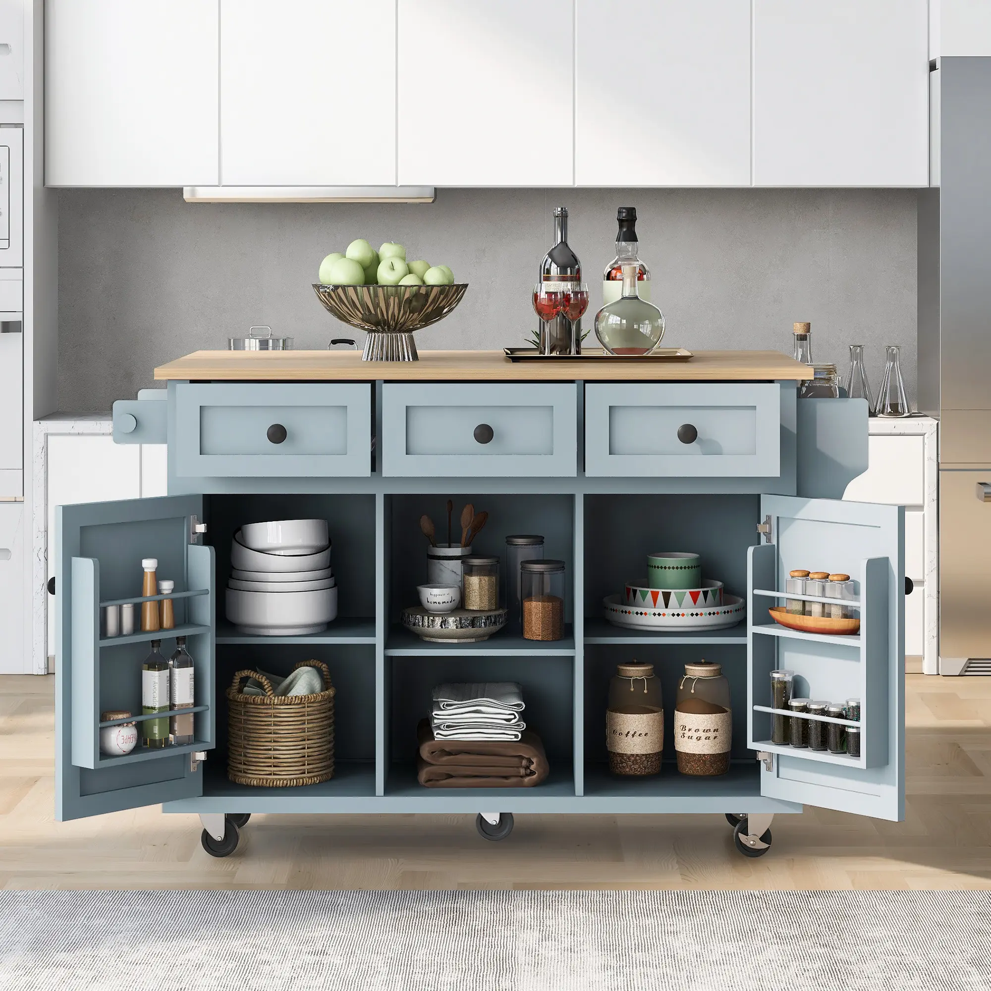 Kitchen Cart with Rubber wood Drop-Leaf Countertop ,Cabinet door internal storage racks，Kitchen Island on 5 Wheels with Storage