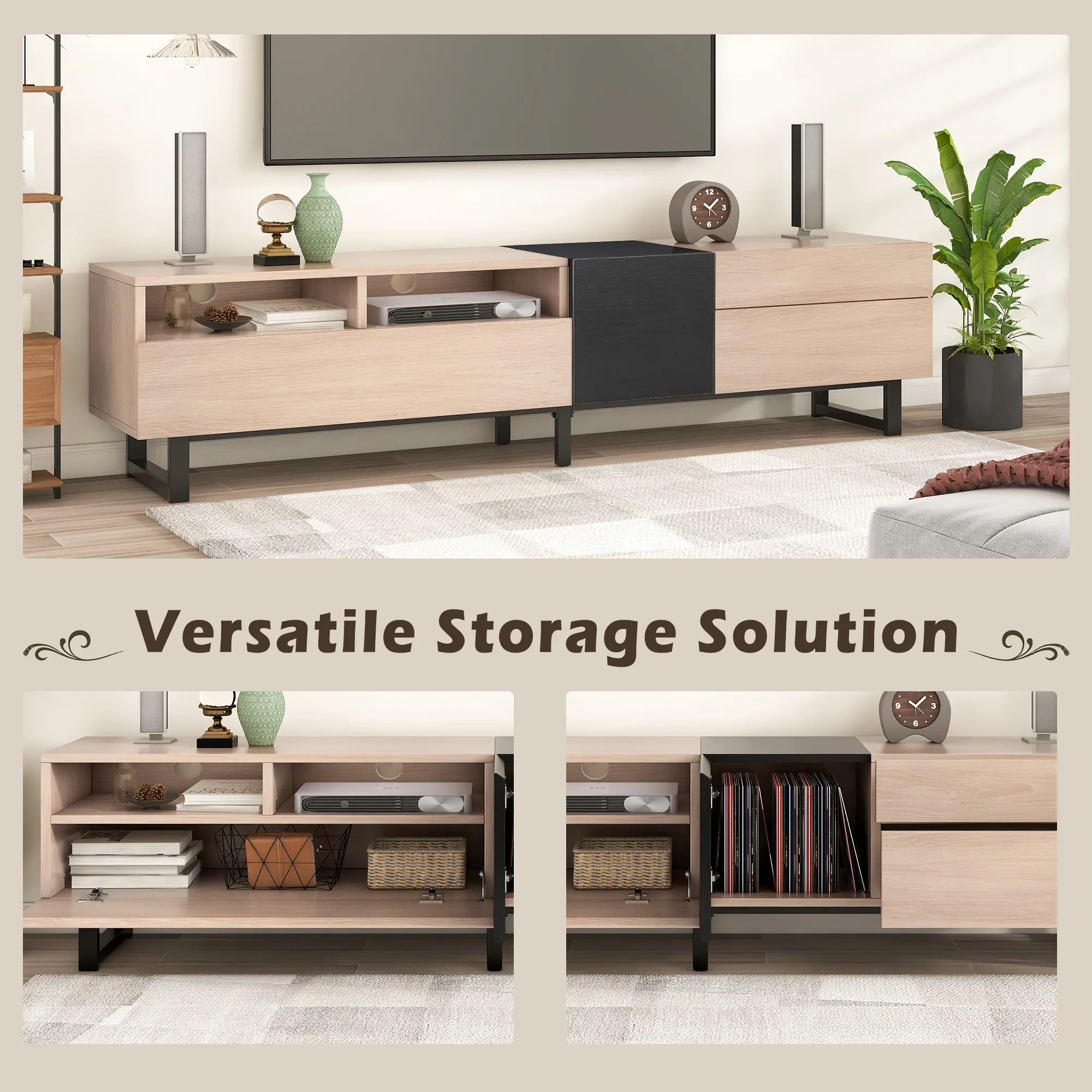 Modern TV Stand for 80'' TV with Double Storage Space, Media Console Table, Entertainment Center with Drop Down Door for Living
