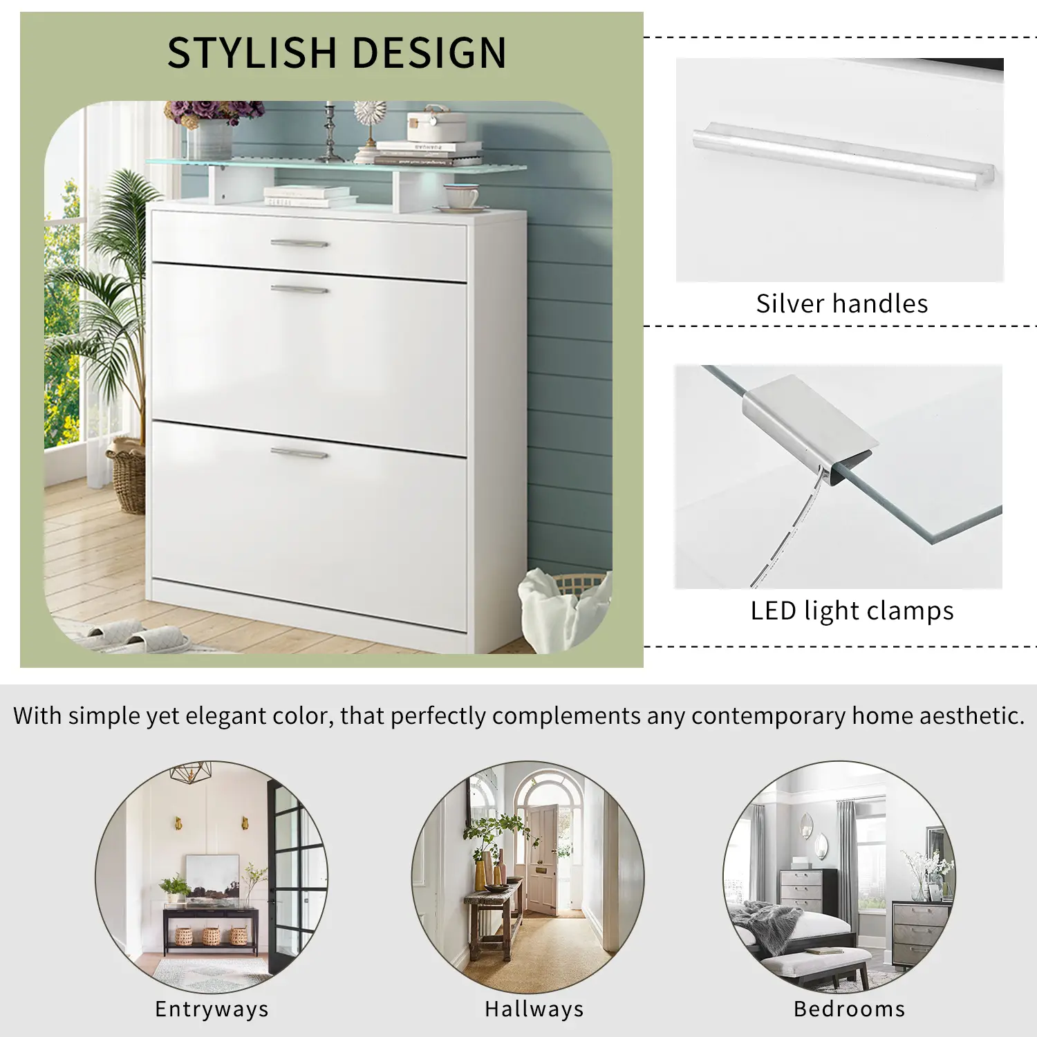 Slim Entryway Organizer with 2 Flip Drawers, Tempered Glass Top Shoe Storage Cabinet with Drawer, Free Standing Shoe Rack with L