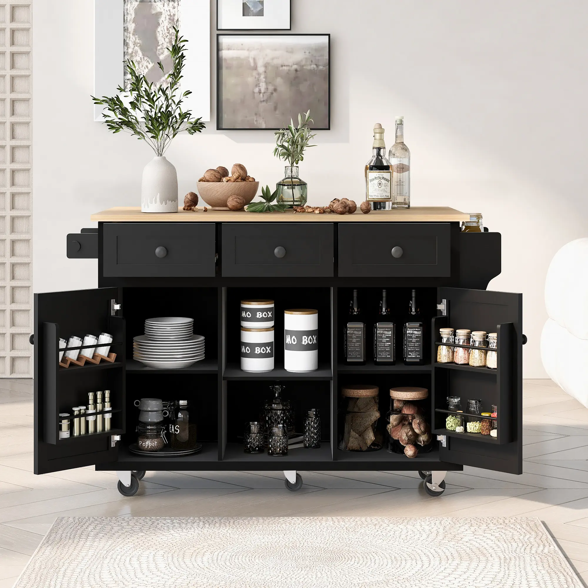 Kitchen Cart with Rubber wood Drop-Leaf Countertop ,Cabinet door internal storage racks，Kitchen Island on 5 Wheels with Storage