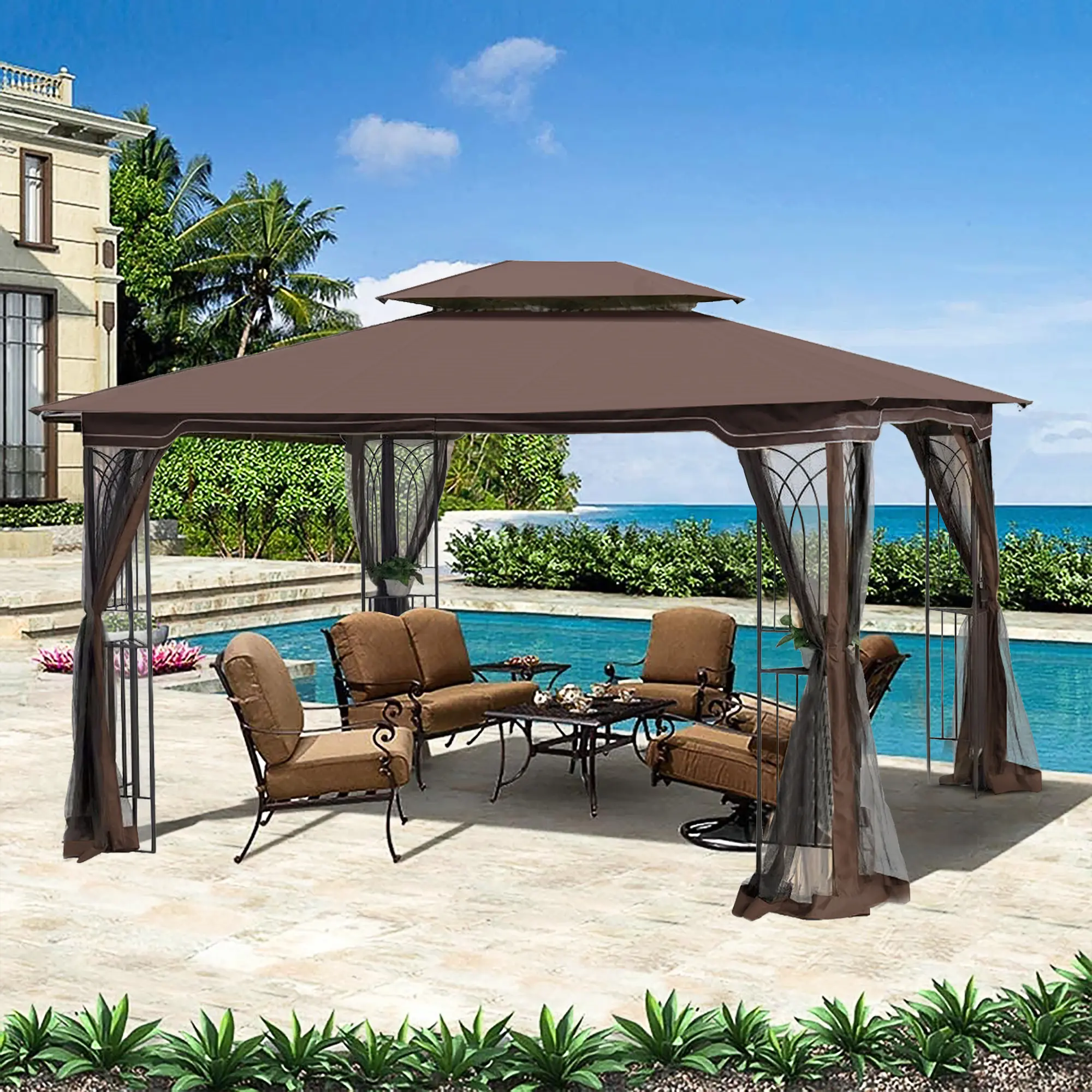 13x10 Outdoor Patio Gazebo Canopy Tent With Ventilated Double Roof And Mosquito net(Detachable Mesh Screen On All Sides),Suitabl