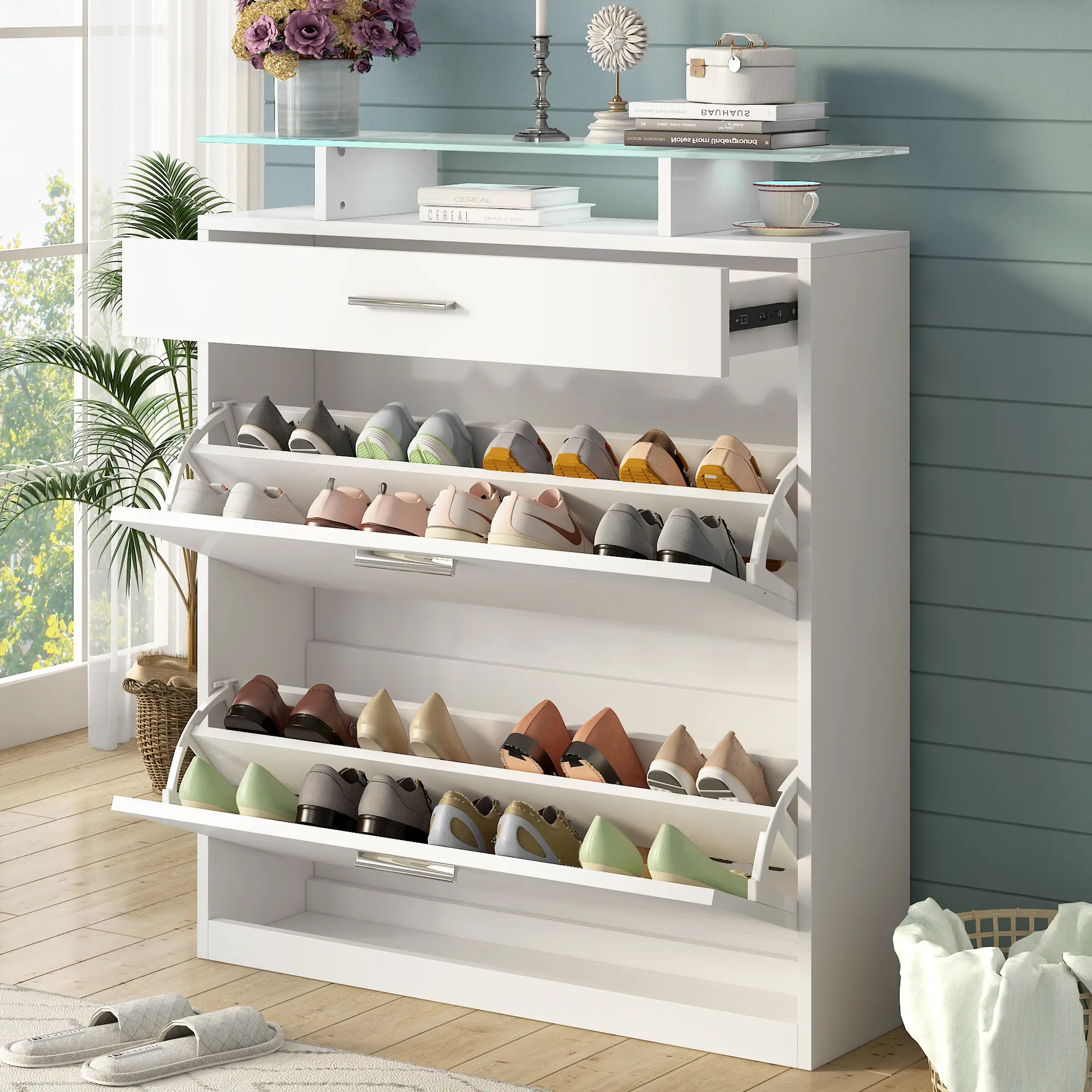 Slim Entryway Organizer with 2 Flip Drawers, Tempered Glass Top Shoe Storage Cabinet with Drawer, Free Standing Shoe Rack with L