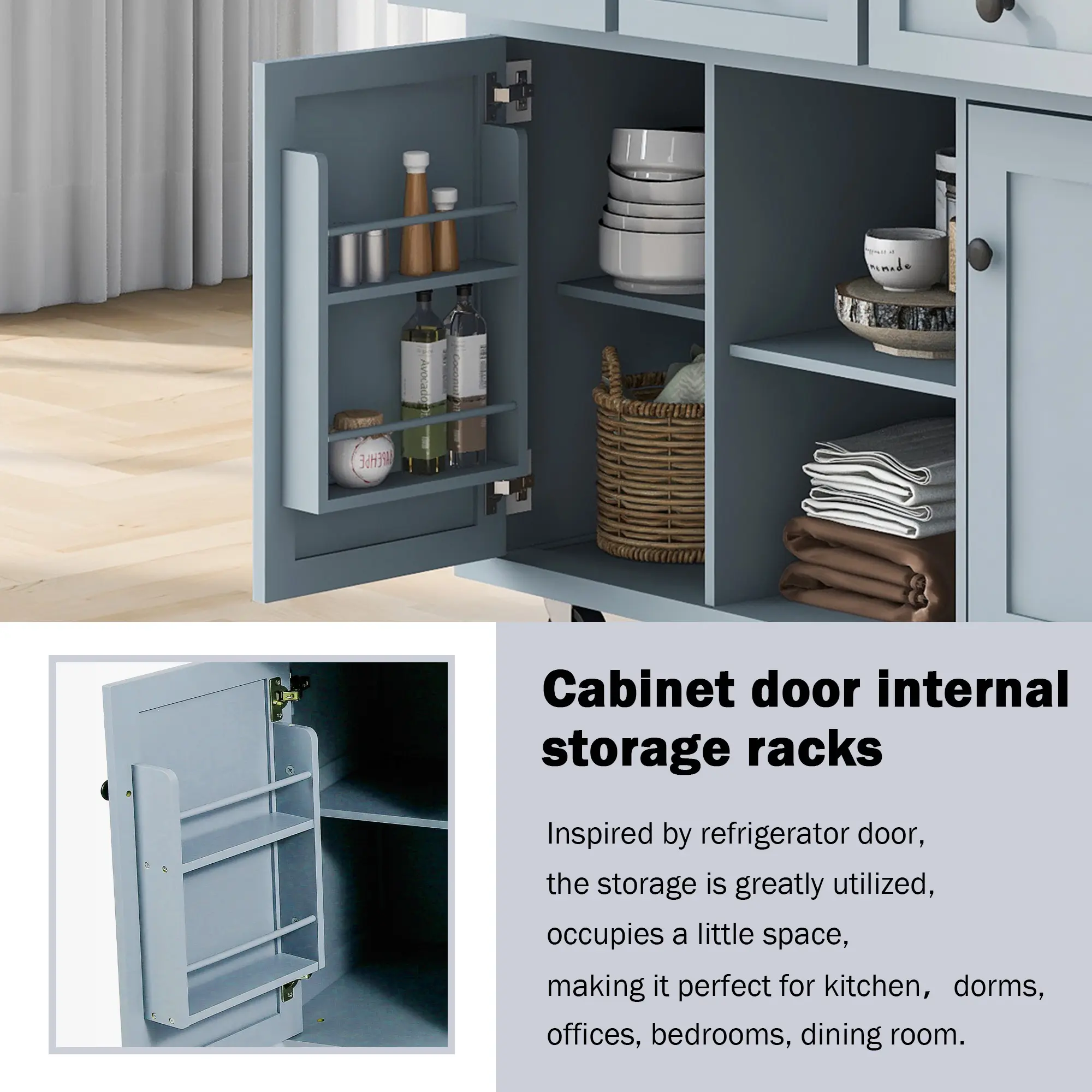 Kitchen Cart with Rubber wood Drop-Leaf Countertop ,Cabinet door internal storage racks，Kitchen Island on 5 Wheels with Storage