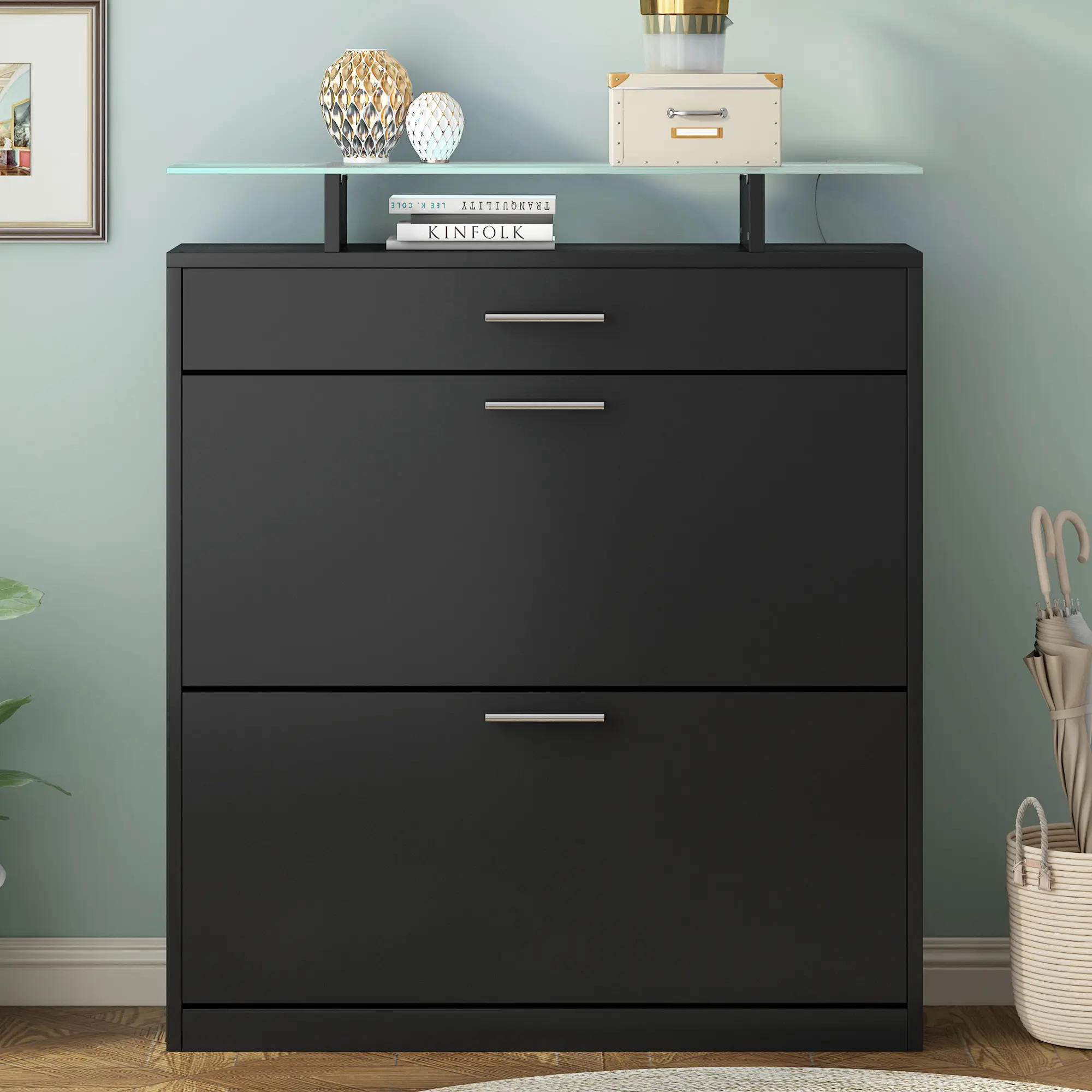 Slim Entryway Organizer with 2 Flip Drawers, Tempered Glass Top Shoe Storage Cabinet with Drawer, Free Standing Shoe Rack with L