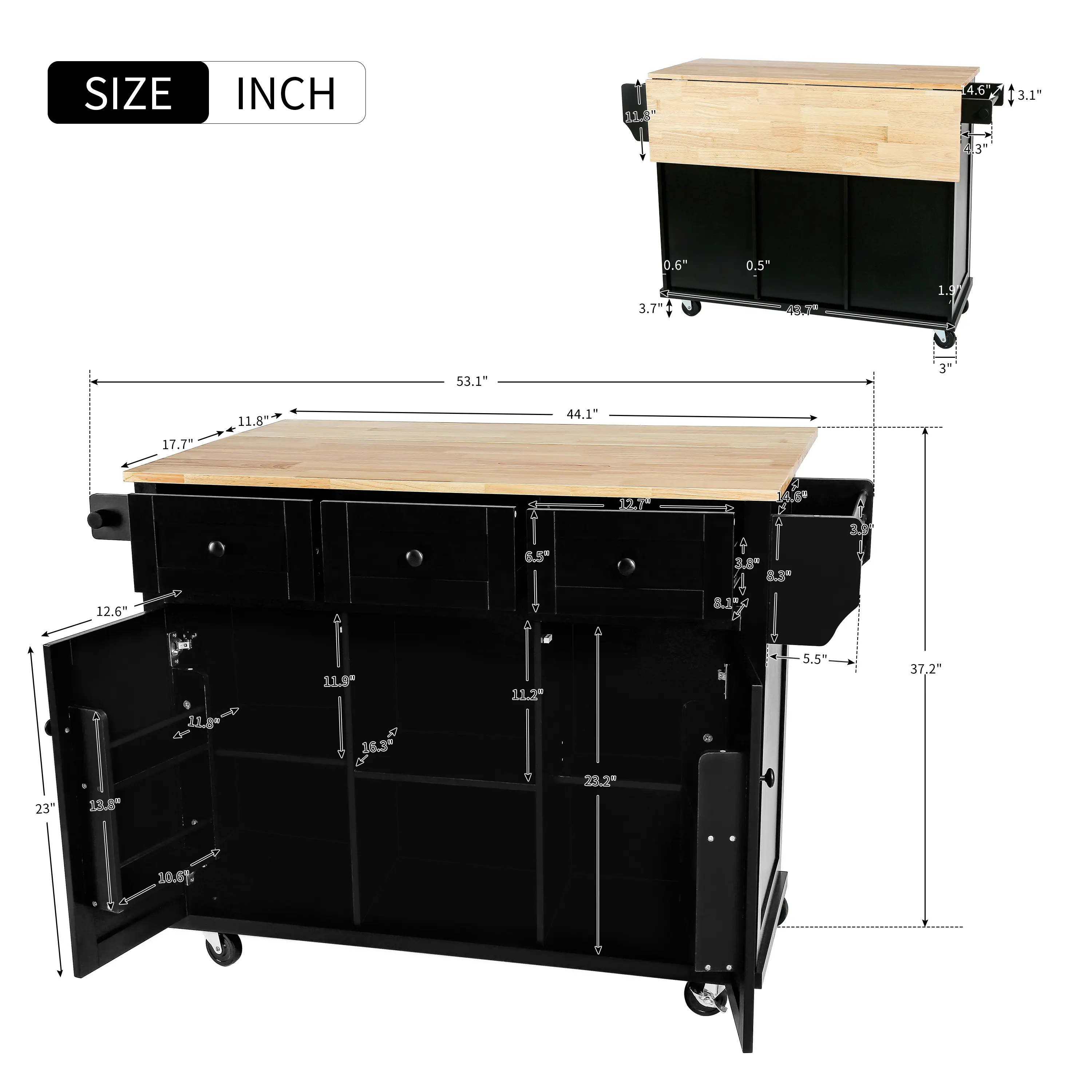 Kitchen Cart with Rubber wood Drop-Leaf Countertop ,Cabinet door internal storage racks，Kitchen Island on 5 Wheels with Storage