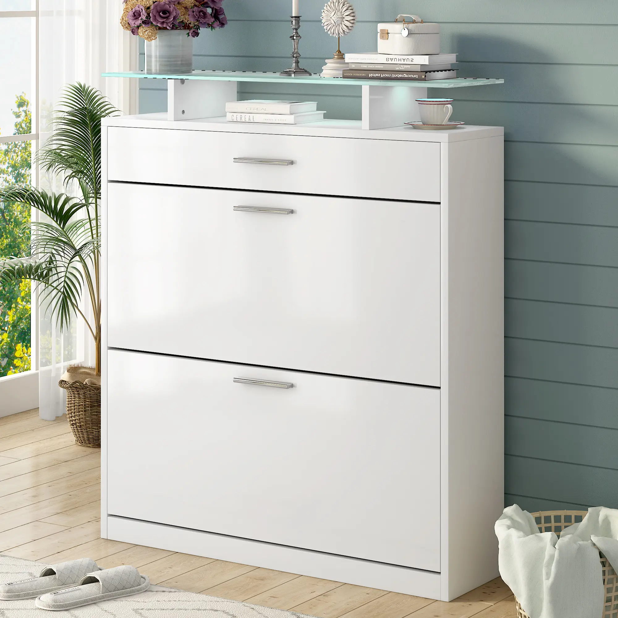 Slim Entryway Organizer with 2 Flip Drawers, Tempered Glass Top Shoe Storage Cabinet with Drawer, Free Standing Shoe Rack with L