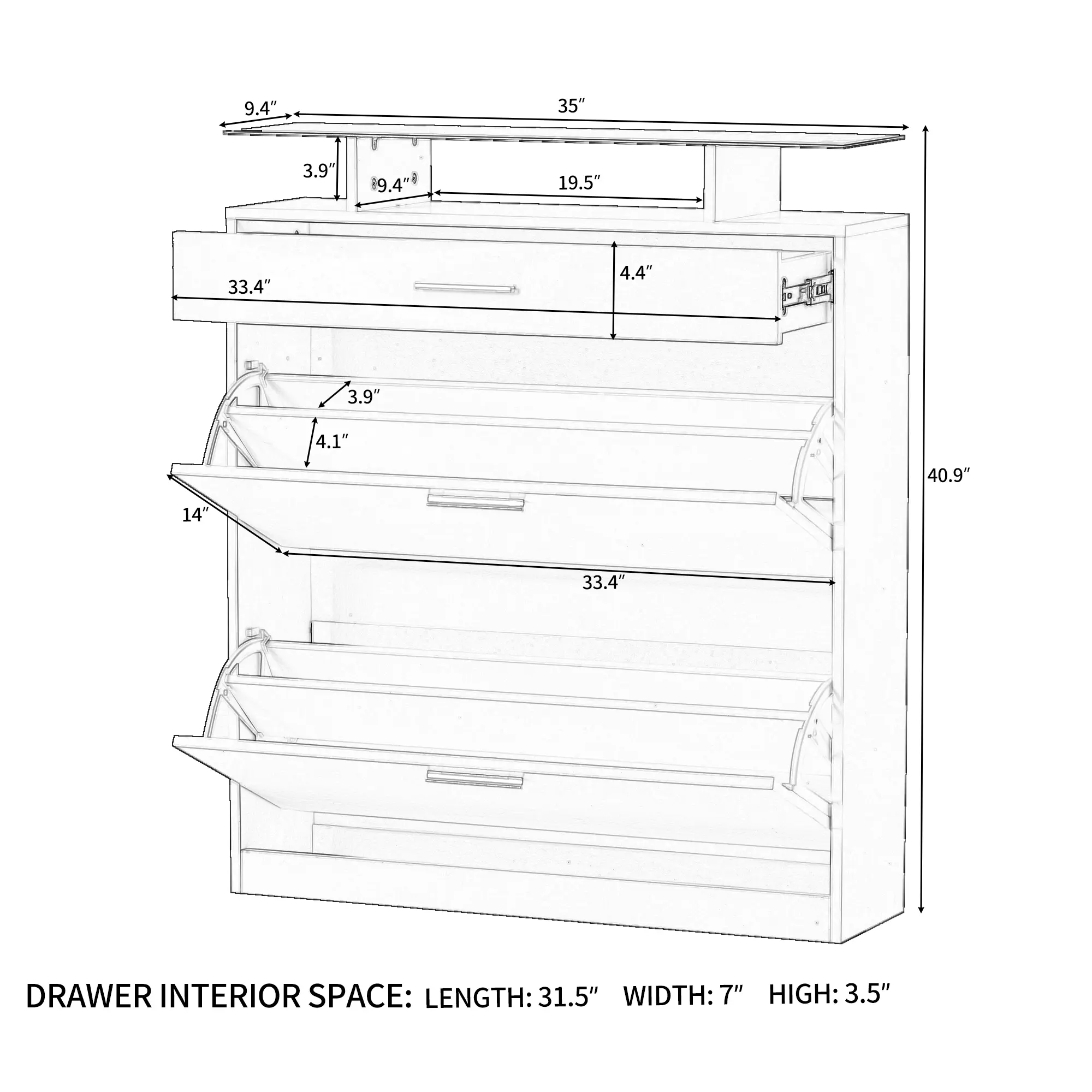 Slim Entryway Organizer with 2 Flip Drawers, Tempered Glass Top Shoe Storage Cabinet with Drawer, Free Standing Shoe Rack with L