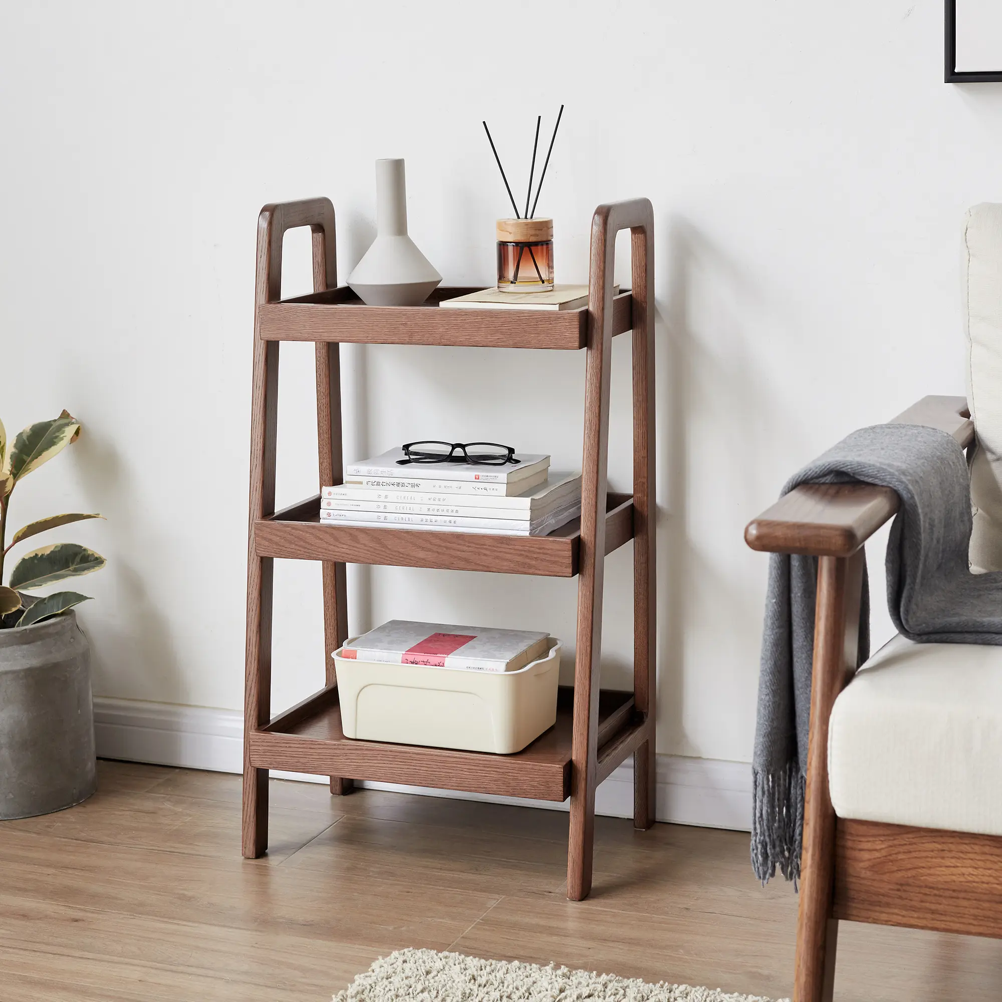 Walnut Color Oak Storage Bench, 3-Tier Beech Wood Shoe Rack for Entryway, Premium Storage Organizer for Bathroom, Living Room, B