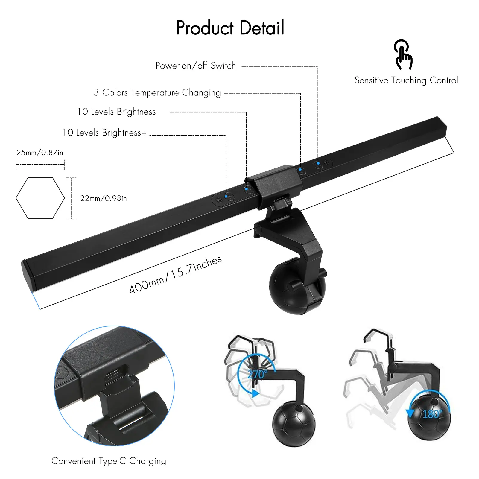 Neoglint Monitor Screen Light D C5V 84LEDs Sensitive Touching Dimmable 3 Colors USB-Type C IP44 Waterproof for Home Cafe