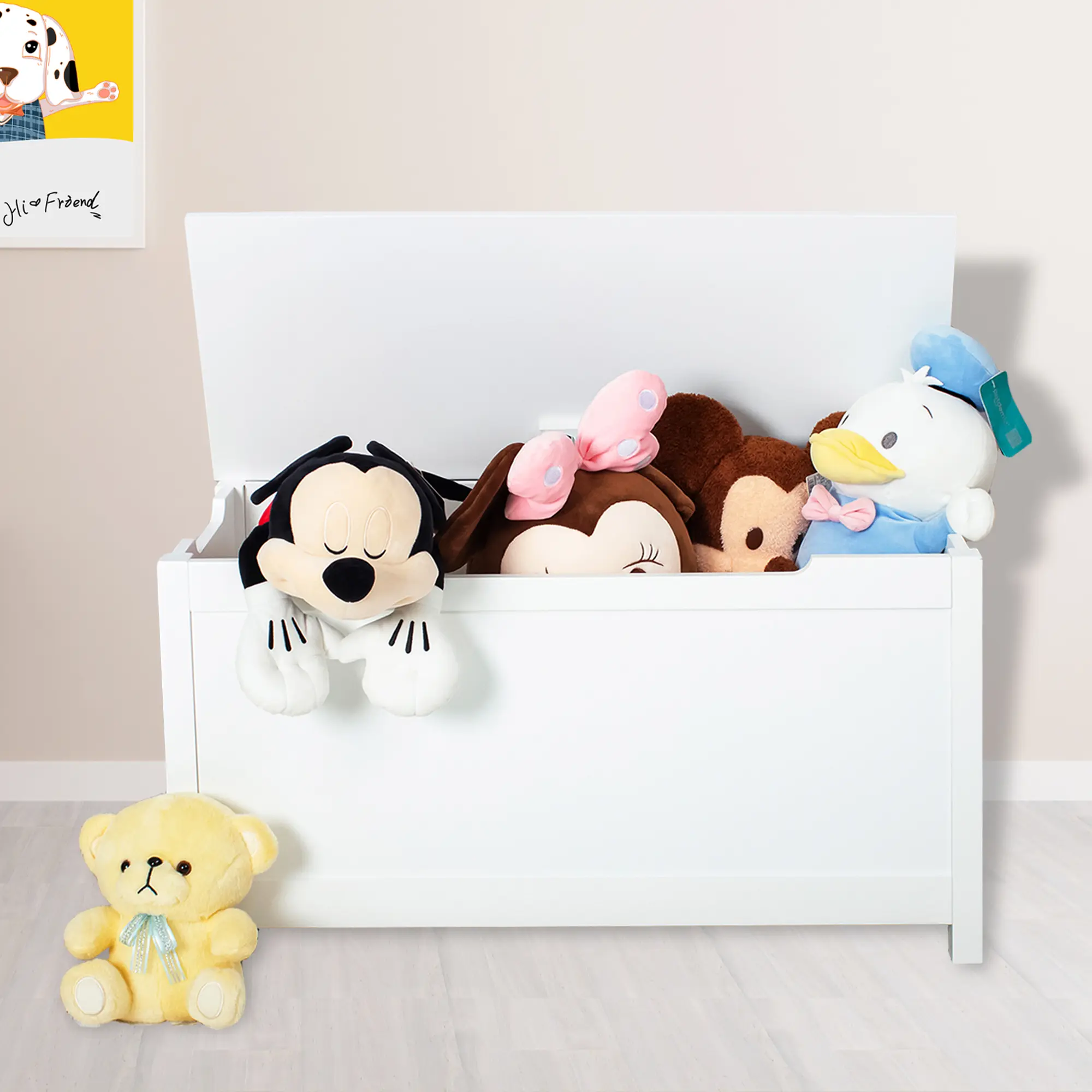 Wooden Toy Box/Bench with Safety Hinged Lid for Ages 3+，White Wooden Toy Box