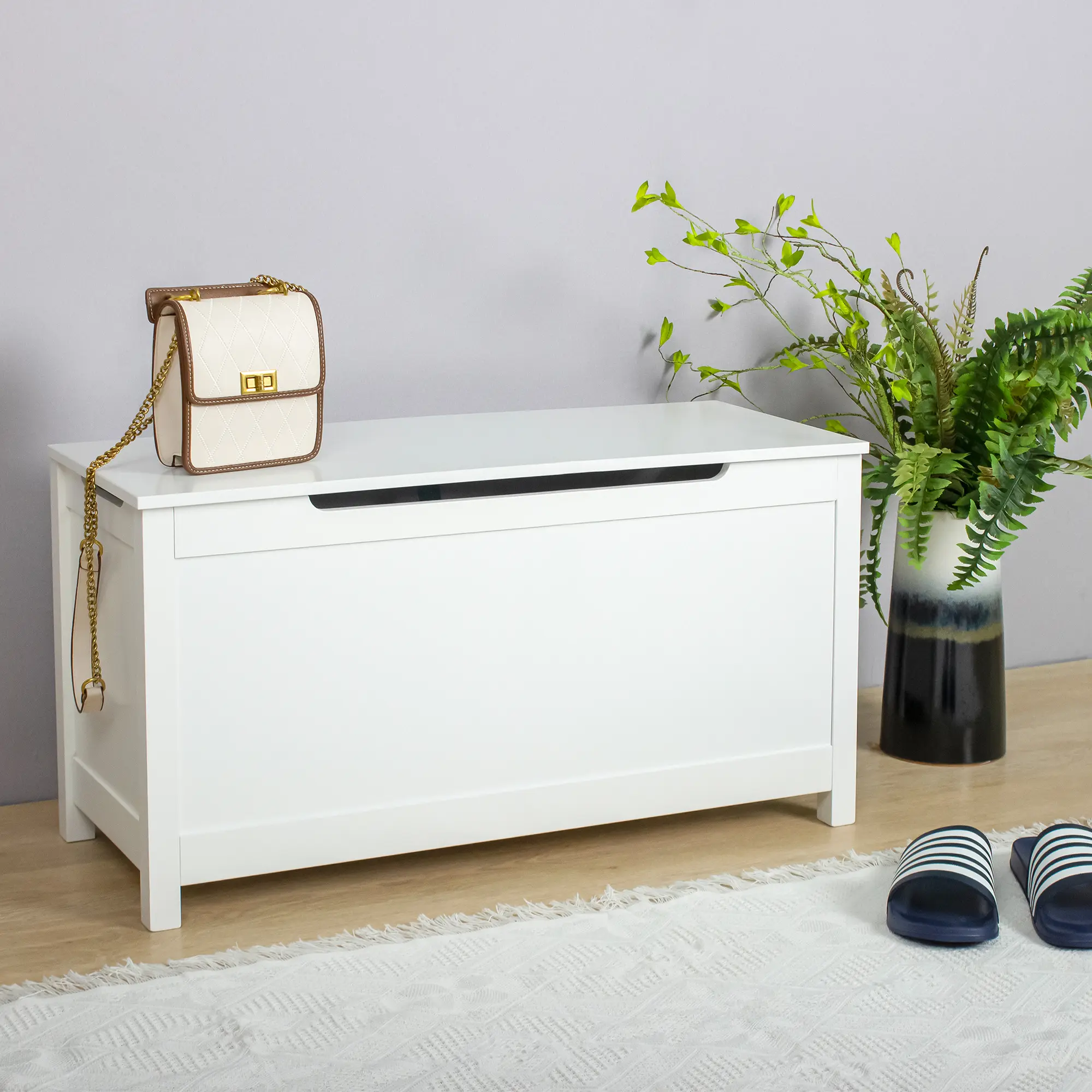 Wooden Toy Box/Bench with Safety Hinged Lid for Ages 3+，White Wooden Toy Box