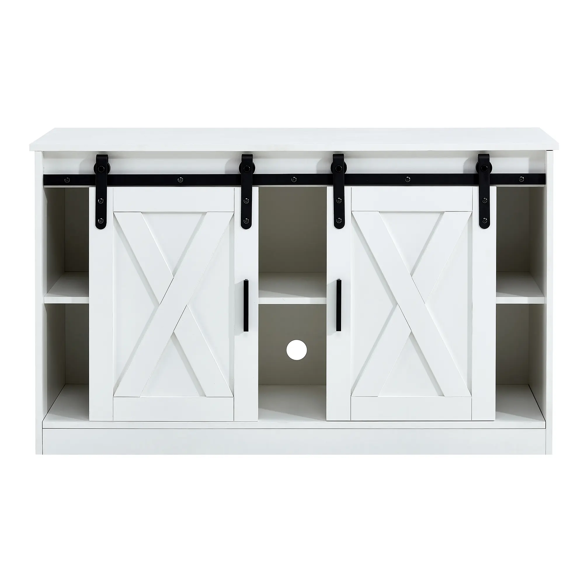 White decorative wooden TV / storage cabinet with two sliding barn doors, available for bedroom, living room,corridor.