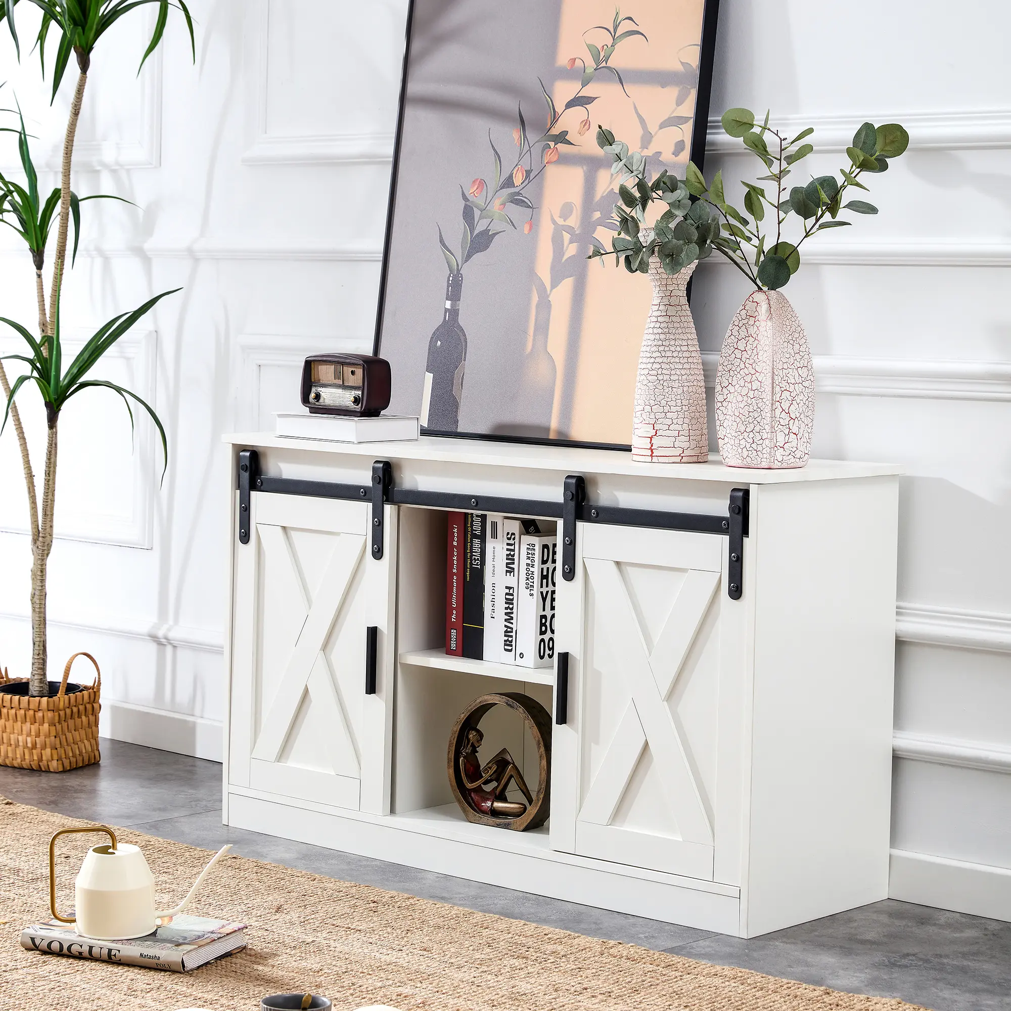 White decorative wooden TV / storage cabinet with two sliding barn doors, available for bedroom, living room,corridor.