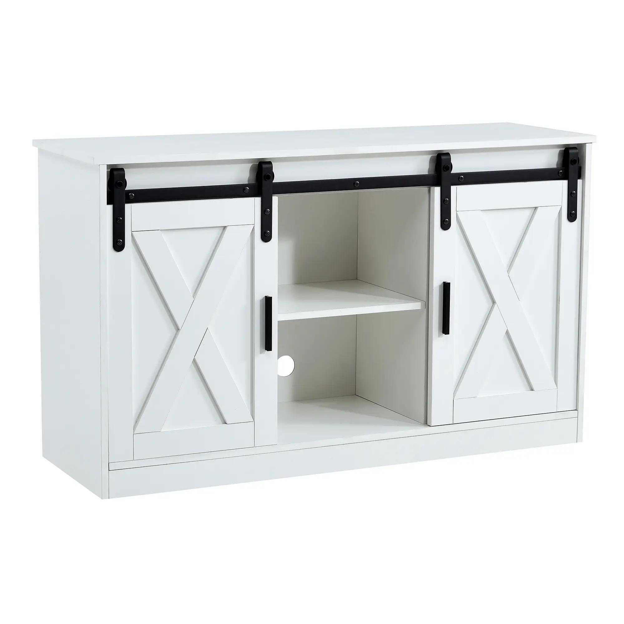 White decorative wooden TV / storage cabinet with two sliding barn doors, available for bedroom, living room,corridor.