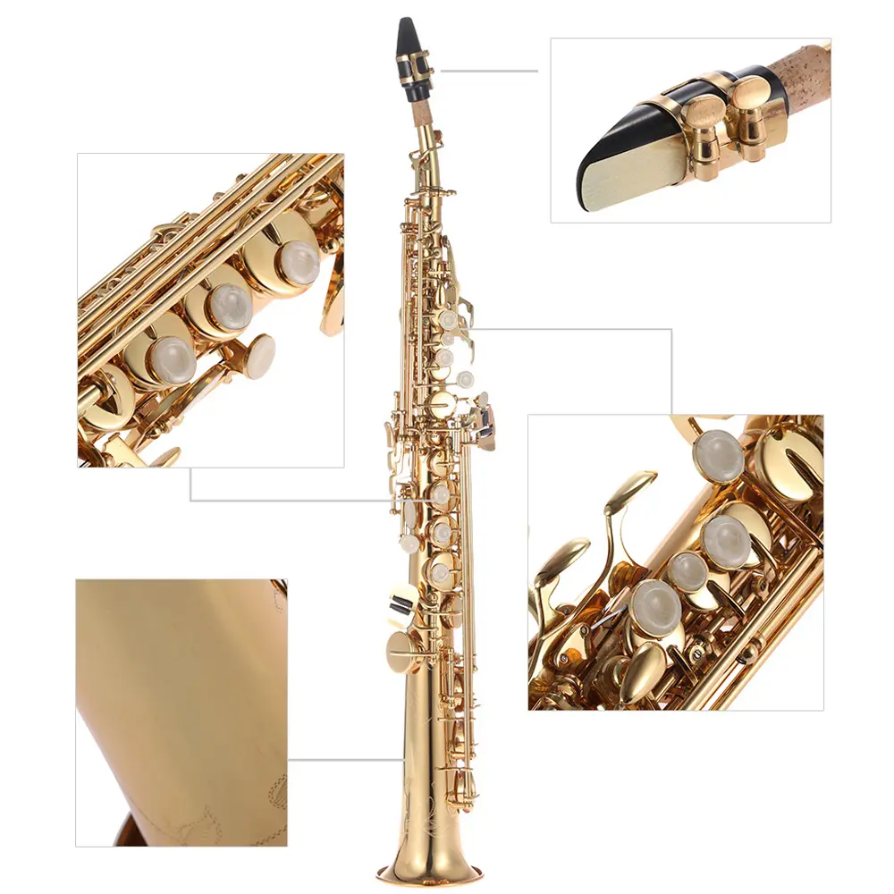 ammoon Brass Straight Soprano Bb B Flat Sax Saxophone Woodwind Instrument Natural Shell Key Carve Pattern with Carrying Case
