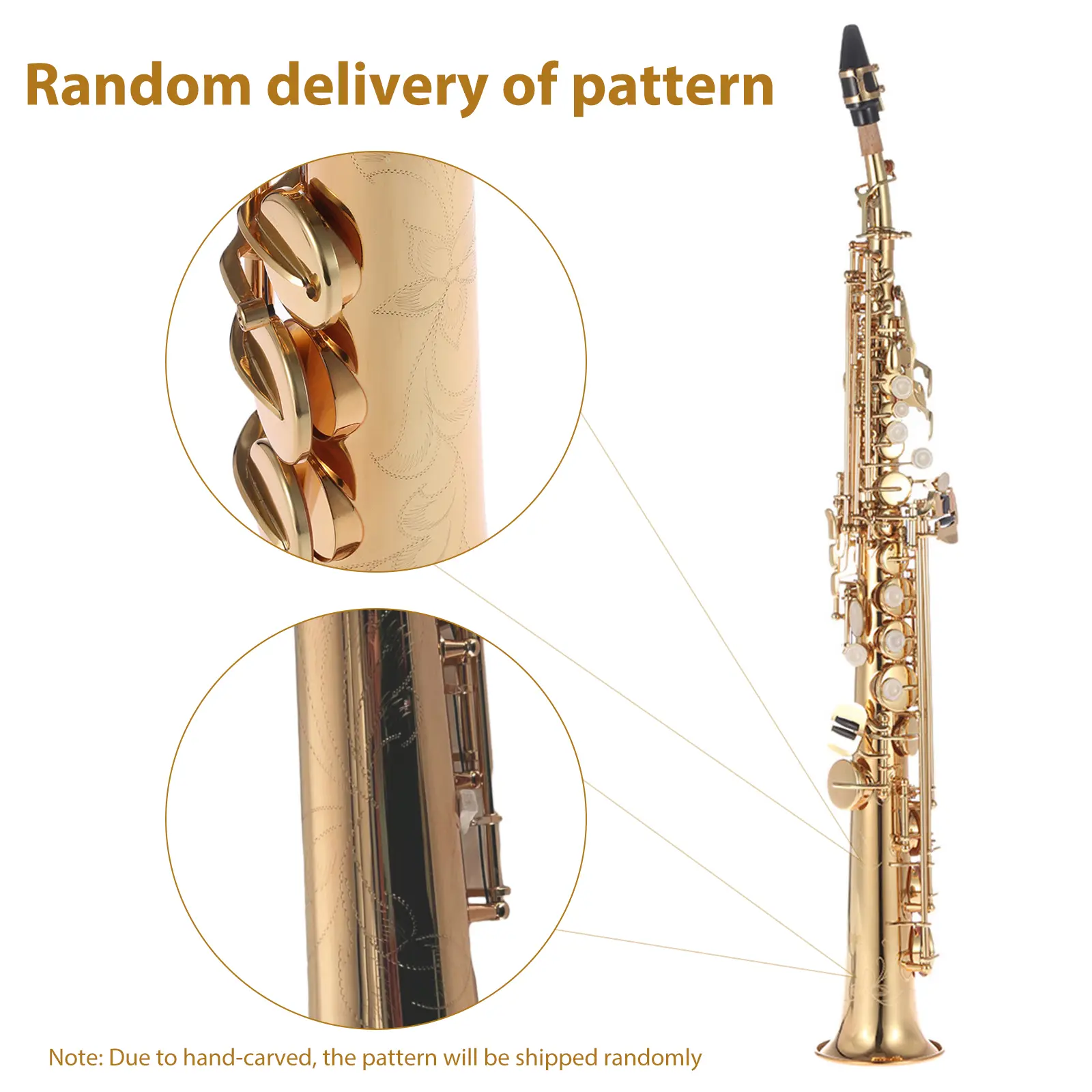 ammoon Brass Straight Soprano Bb B Flat Sax Saxophone Woodwind Instrument Natural Shell Key Carve Pattern with Carrying Case
