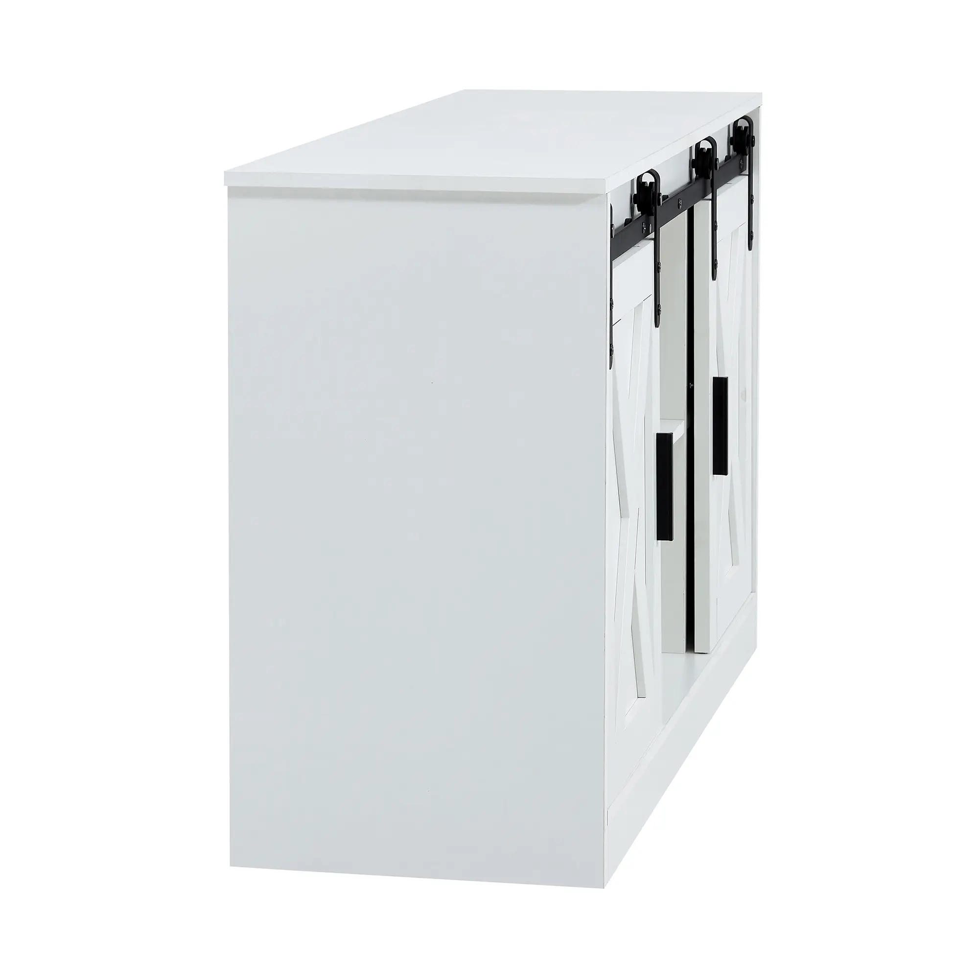 White decorative wooden TV / storage cabinet with two sliding barn doors, available for bedroom, living room,corridor.
