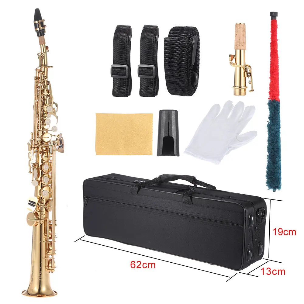 ammoon Brass Straight Soprano Bb B Flat Sax Saxophone Woodwind Instrument Natural Shell Key Carve Pattern with Carrying Case