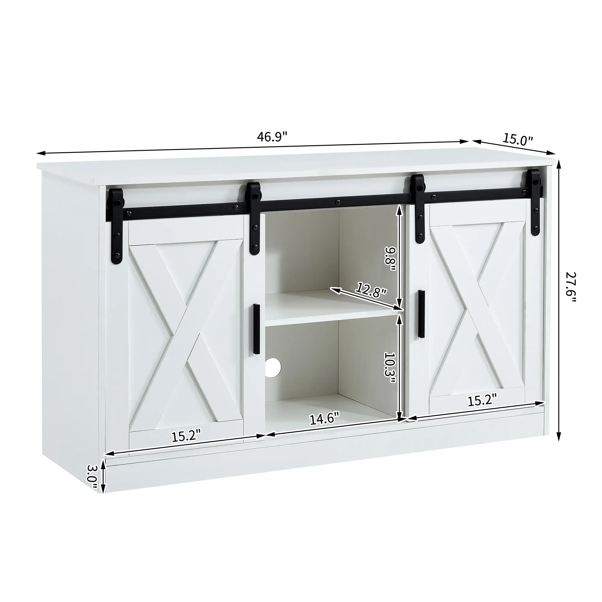 White decorative wooden TV / storage cabinet with two sliding barn doors, available for bedroom, living room,corridor.