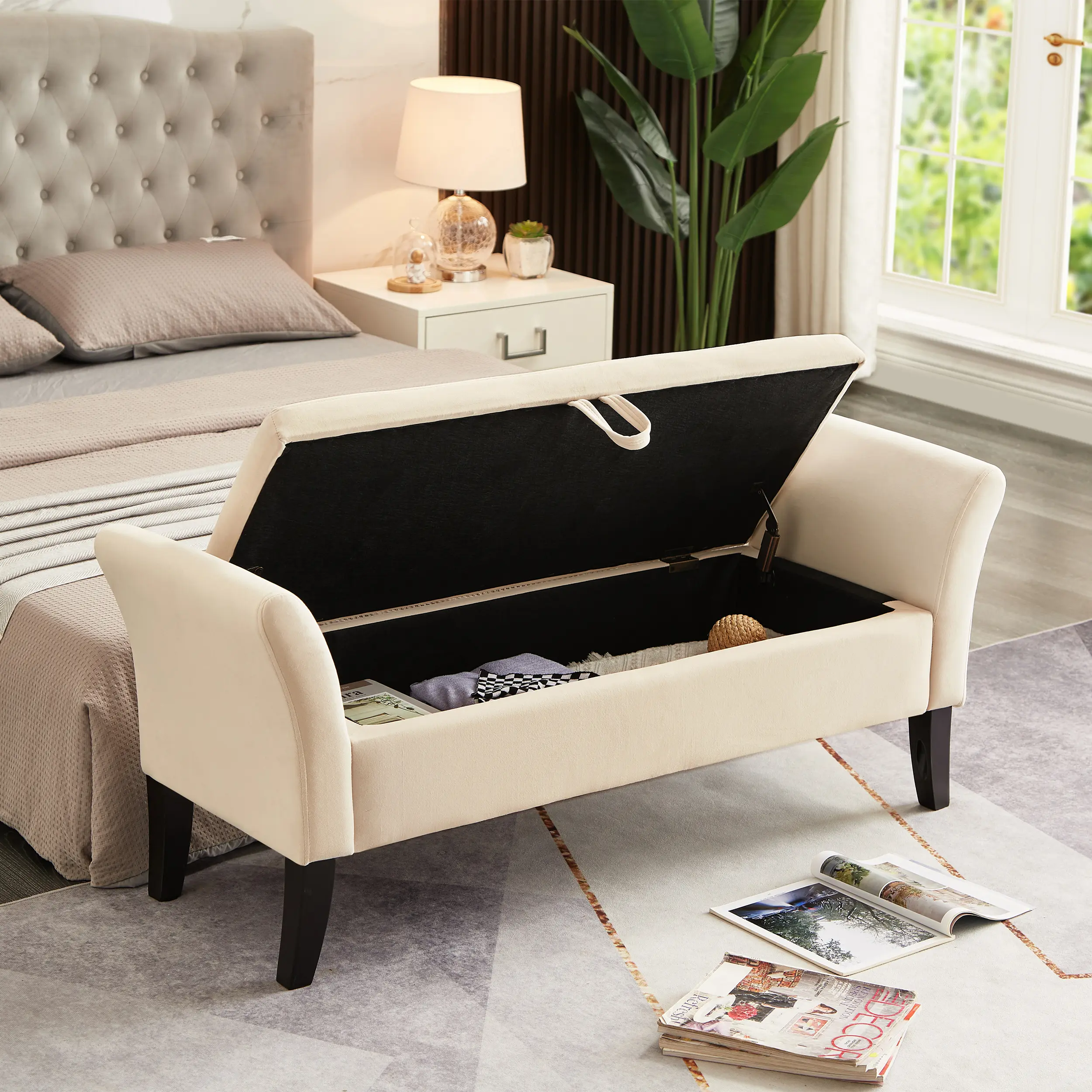 51.5" Bed Bench with Storage Beige Velvet 51.5" Bed Bench with Storage Beige Velvet