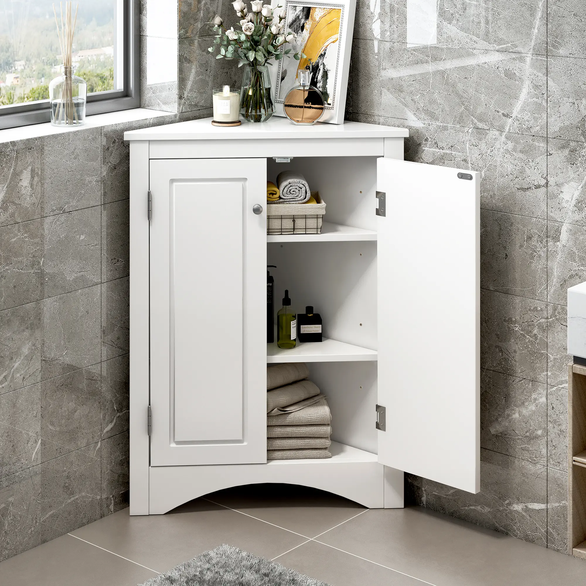 Oak Triangle Bathroom Storage Cabinet with Adjustable Shelves, Freestanding Floor Cabinet for Home Kitchen