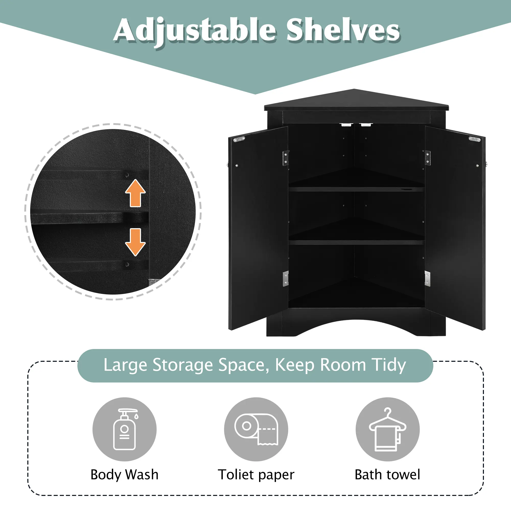 Oak Triangle Bathroom Storage Cabinet with Adjustable Shelves, Freestanding Floor Cabinet for Home Kitchen