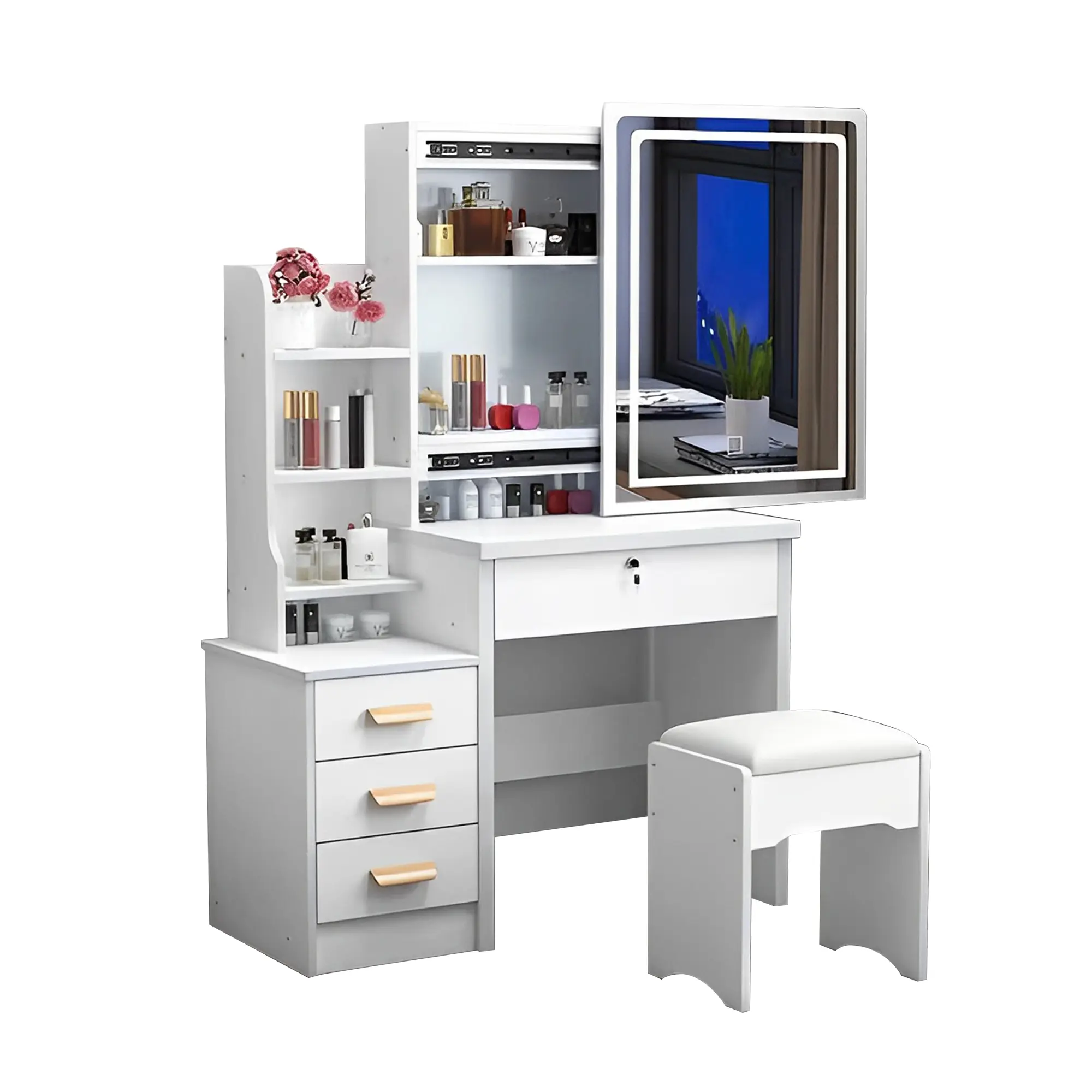 Fashion Vanity Desk with Mirror and Lights for Makeup and Chair, Vanity Mirror with Lights and Table Set with 3 Color Lighting B