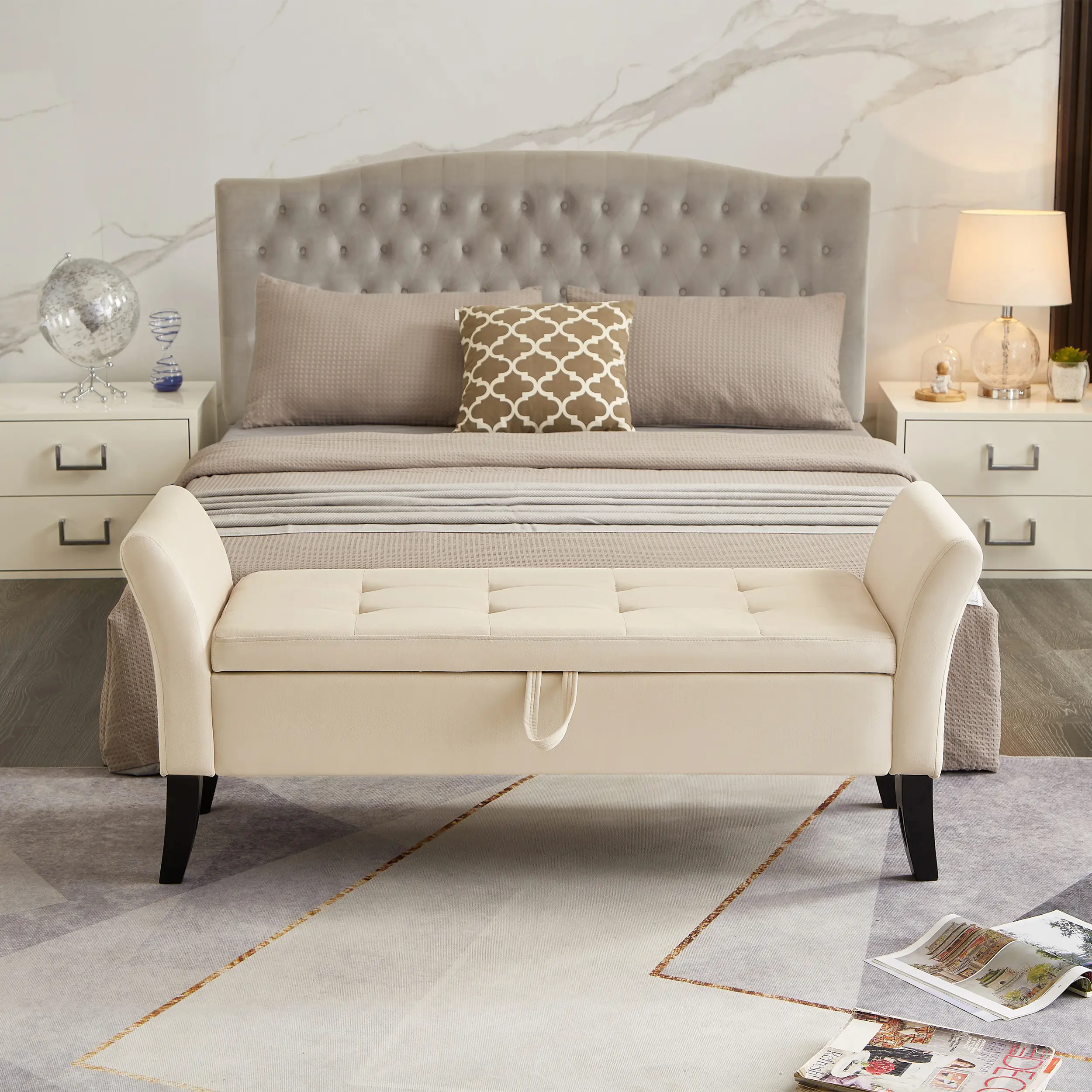 51.5" Bed Bench with Storage Beige Velvet 51.5" Bed Bench with Storage Beige Velvet