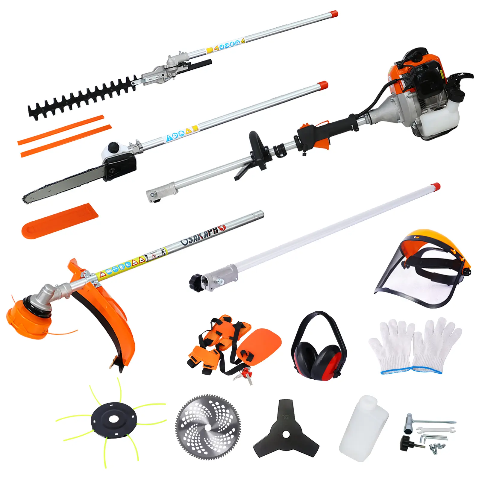 10 in 1 Multi-Functional Trimming Tool, 52CC 2-Cycle Garden Tool System with Gas Pole Saw, Hedge Trimmer, Grass Trimmer, and Bru