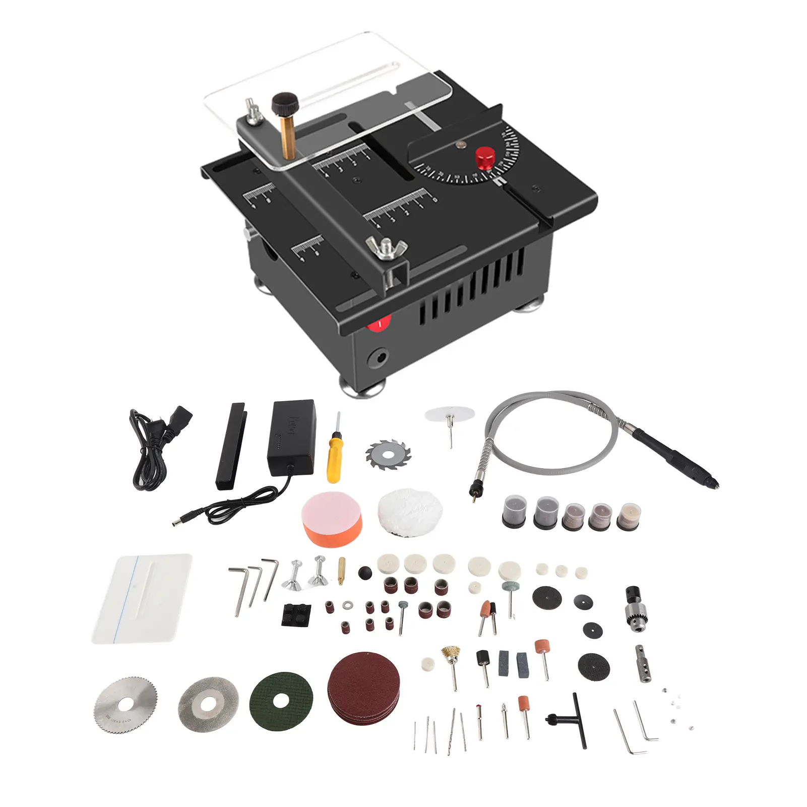 100W Multi Functional Table Saw Mini Desktop Electric Saw Cutter Speed and Angle Adjustable Liftable Blade 16MM Cutting Depth wi