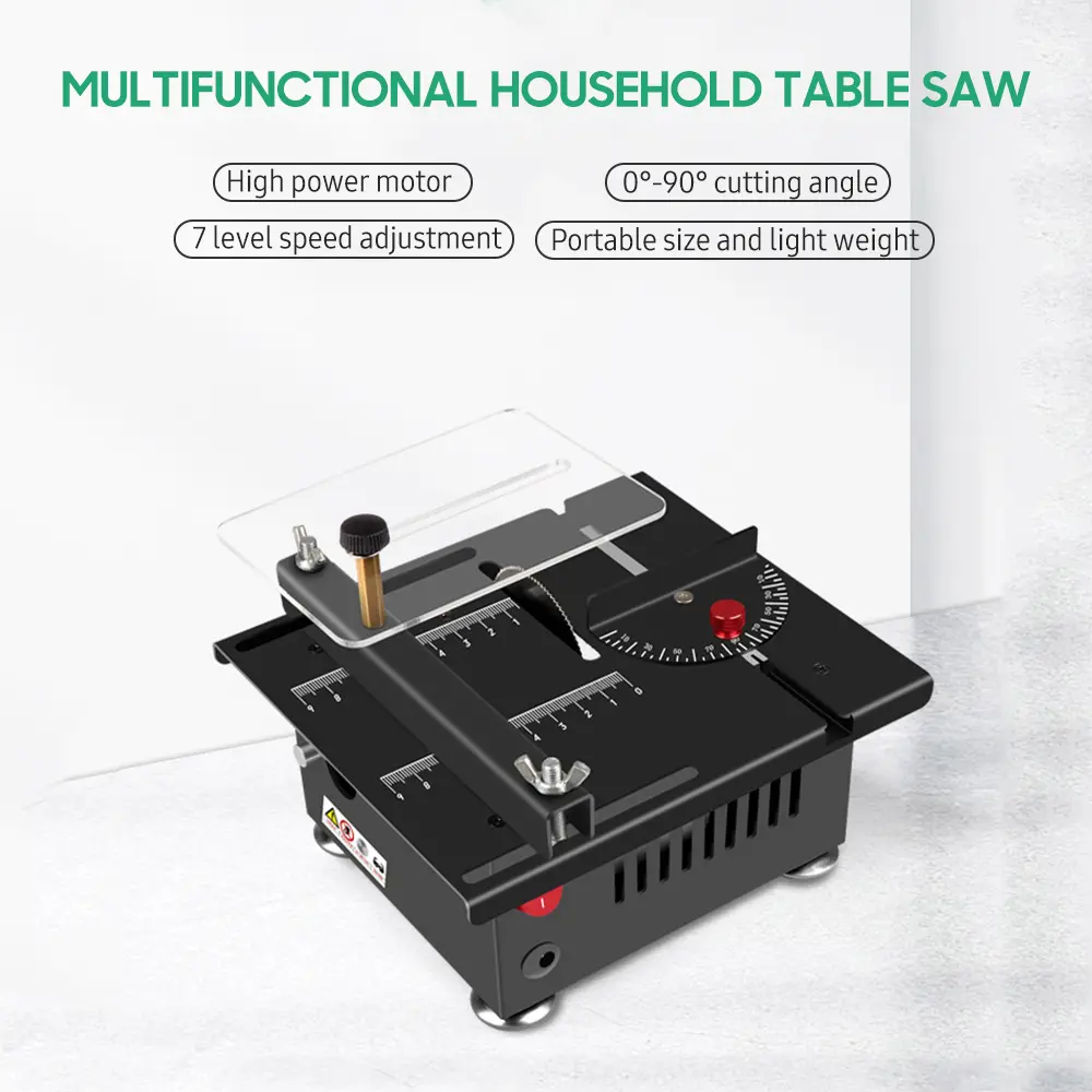 100W Multi Functional Table Saw Mini Desktop Electric Saw Cutter Speed and Angle Adjustable Liftable Blade 16MM Cutting Depth wi