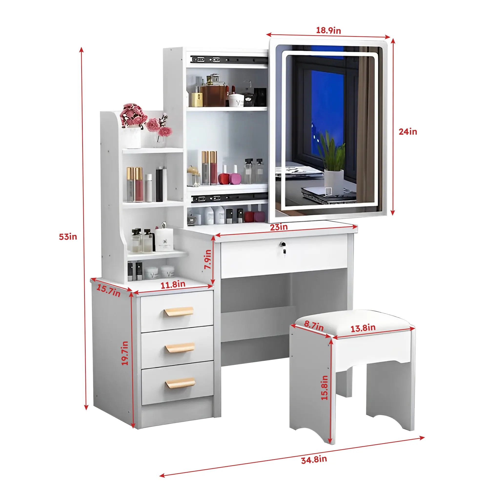 Fashion Vanity Desk with Mirror and Lights for Makeup and Chair, Vanity Mirror with Lights and Table Set with 3 Color Lighting B