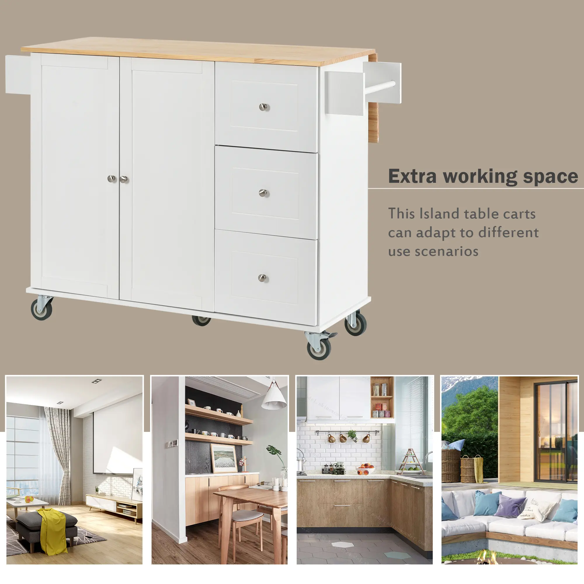 Rolling Mobile Kitchen Island with Solid Wood Top and Locking Wheels，52.7 Inch Width，Storage Cabinet and Drop Leaf Breakfast Bar