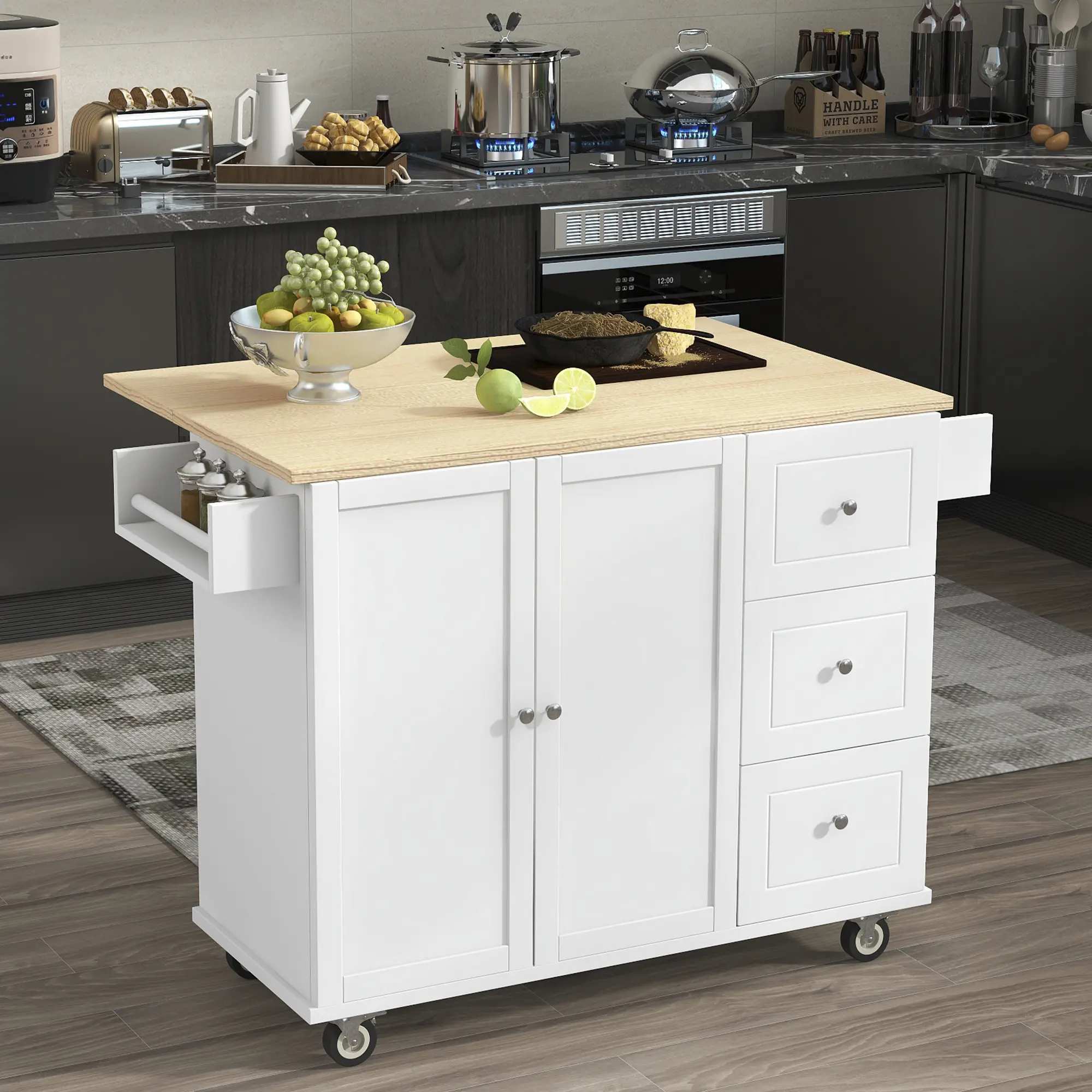 Rolling Mobile Kitchen Island with Solid Wood Top and Locking Wheels，52.7 Inch Width，Storage Cabinet and Drop Leaf Breakfast Bar