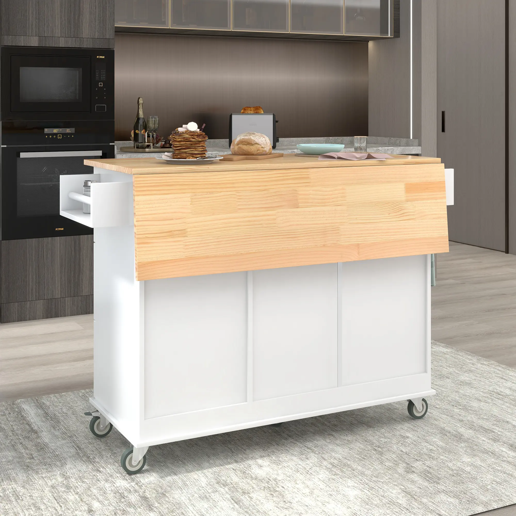 Rolling Mobile Kitchen Island with Solid Wood Top and Locking Wheels，52.7 Inch Width，Storage Cabinet and Drop Leaf Breakfast Bar