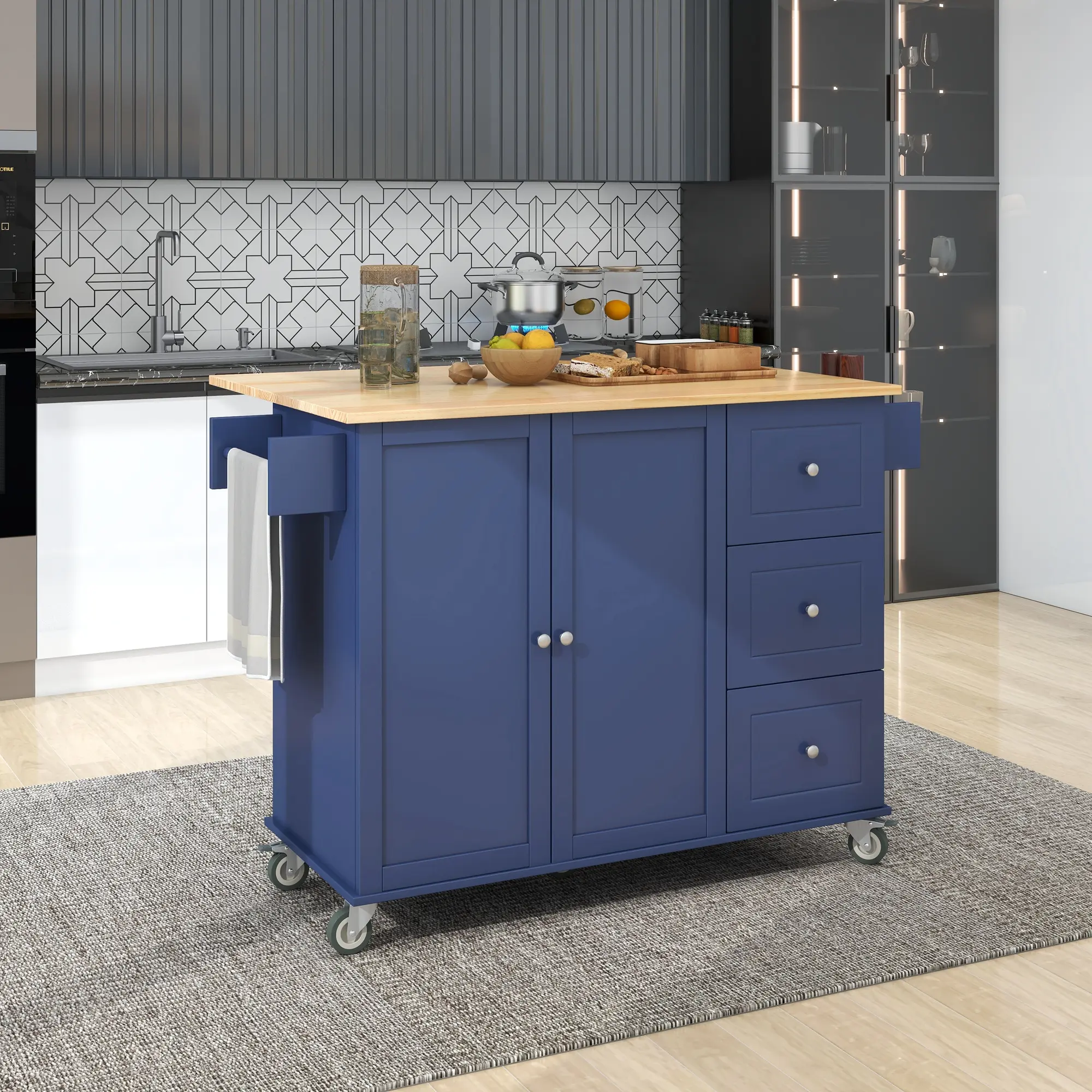 Rolling Mobile Kitchen Island with Drop Leaf - Solid Wood Top, Locking Wheels & Storage Cabinet 52.7 Inch Width（Dark blue）