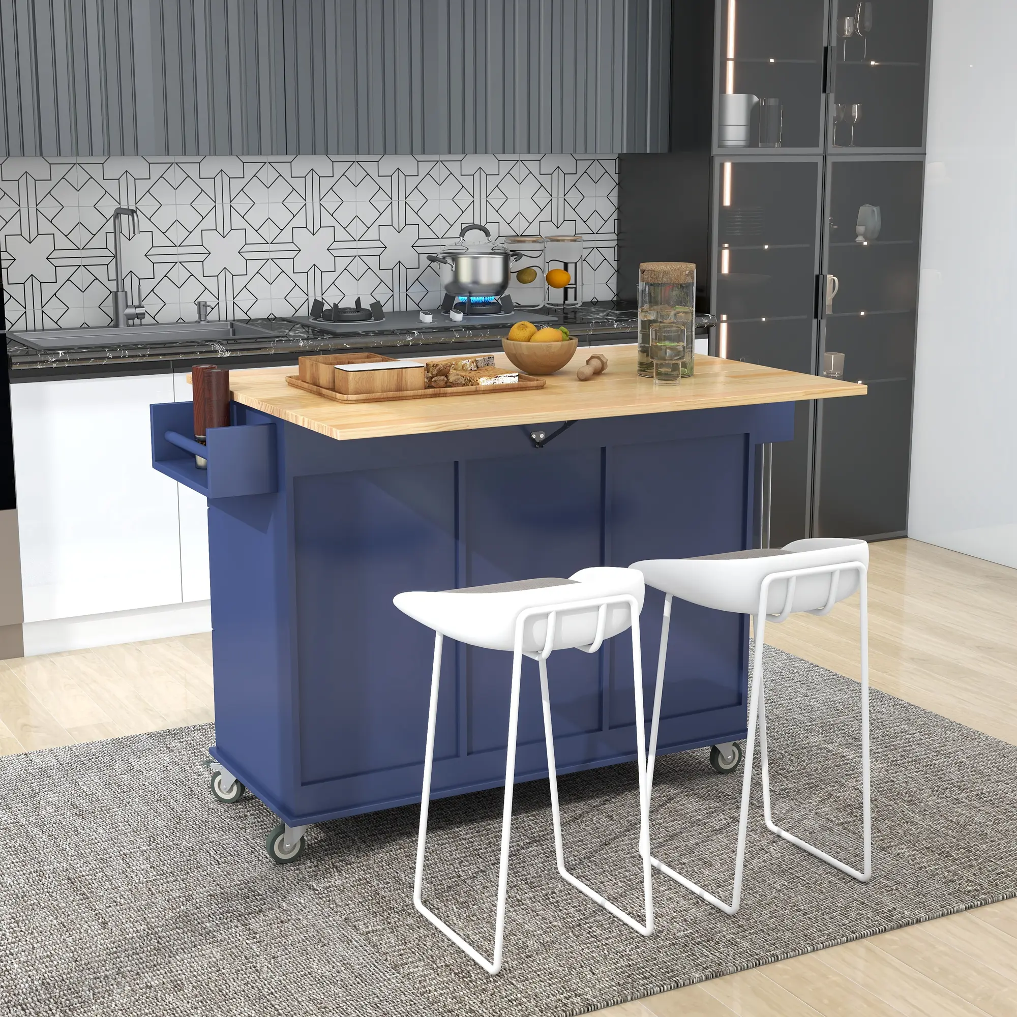 Rolling Mobile Kitchen Island with Drop Leaf - Solid Wood Top, Locking Wheels & Storage Cabinet 52.7 Inch Width（Dark blue）