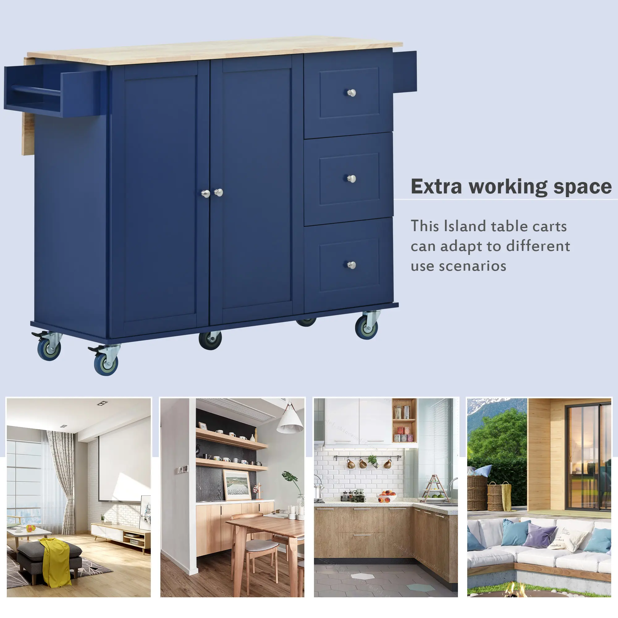 Rolling Mobile Kitchen Island with Drop Leaf - Solid Wood Top, Locking Wheels & Storage Cabinet 52.7 Inch Width（Dark blue）