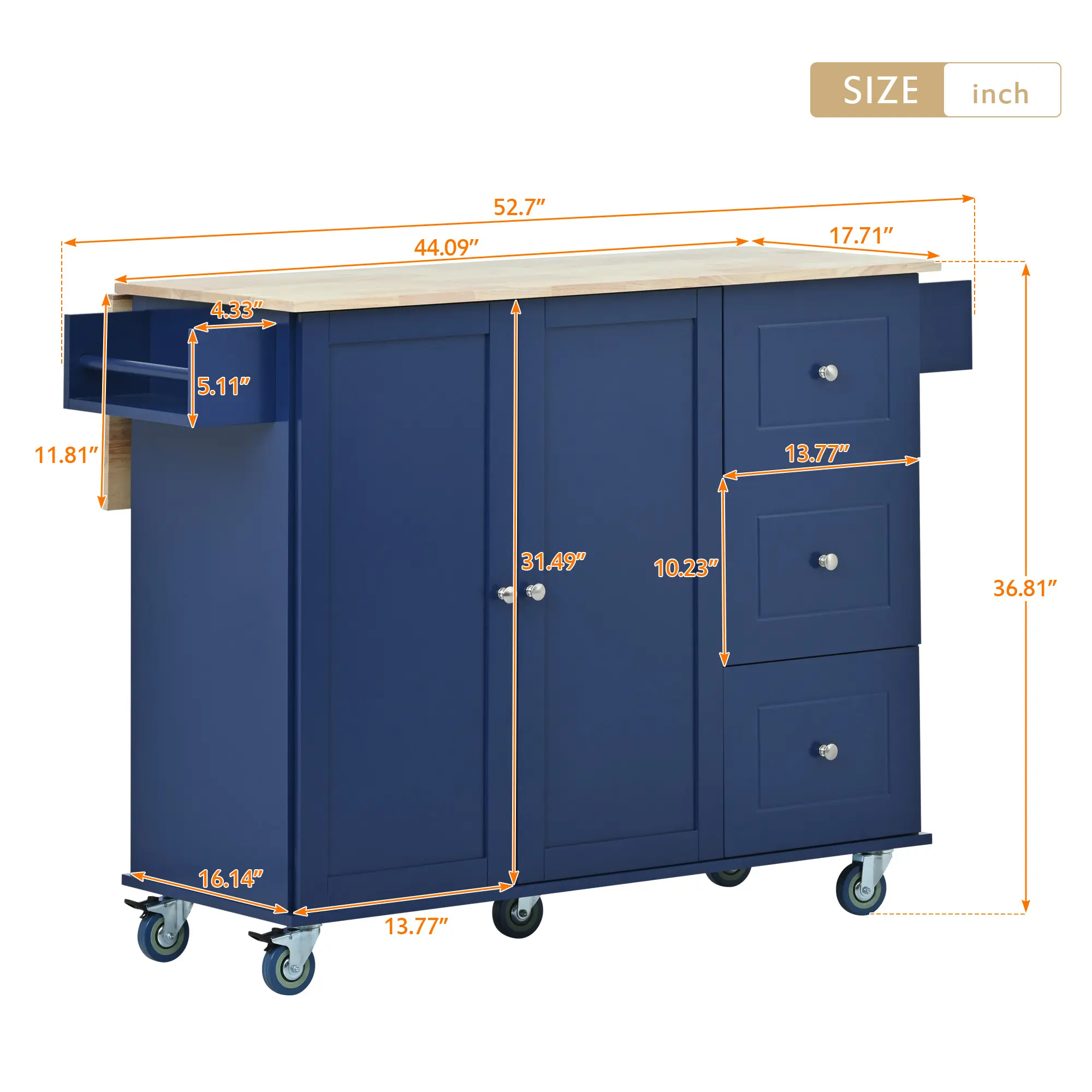 Rolling Mobile Kitchen Island with Drop Leaf - Solid Wood Top, Locking Wheels & Storage Cabinet 52.7 Inch Width（Dark blue）