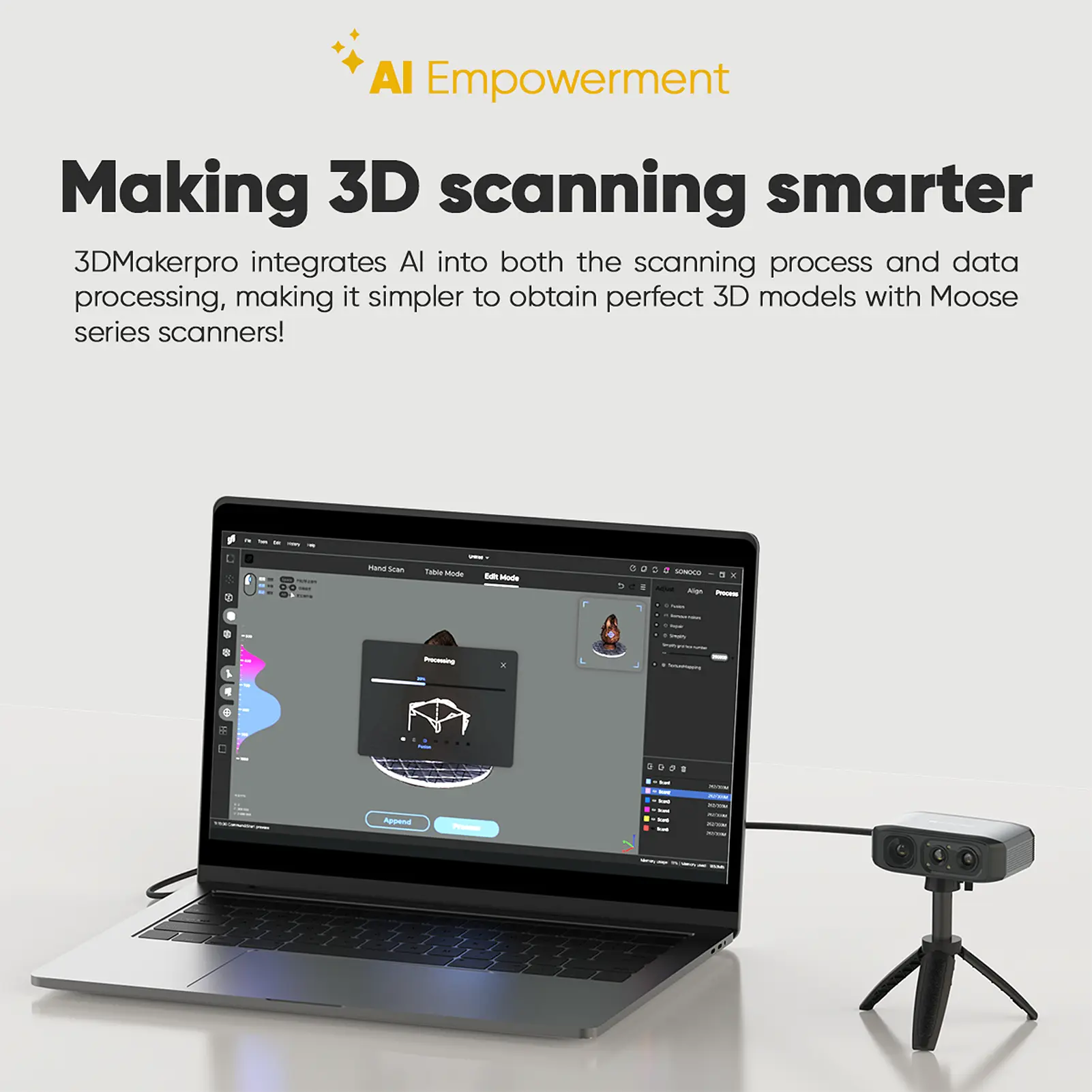 3DMakerpro Moose Lite 3D Scanner for 3D Printing 0.05mm Accuracy Handheld 3D Model Scanner Support 10-1500mm Objects Size 10FPS