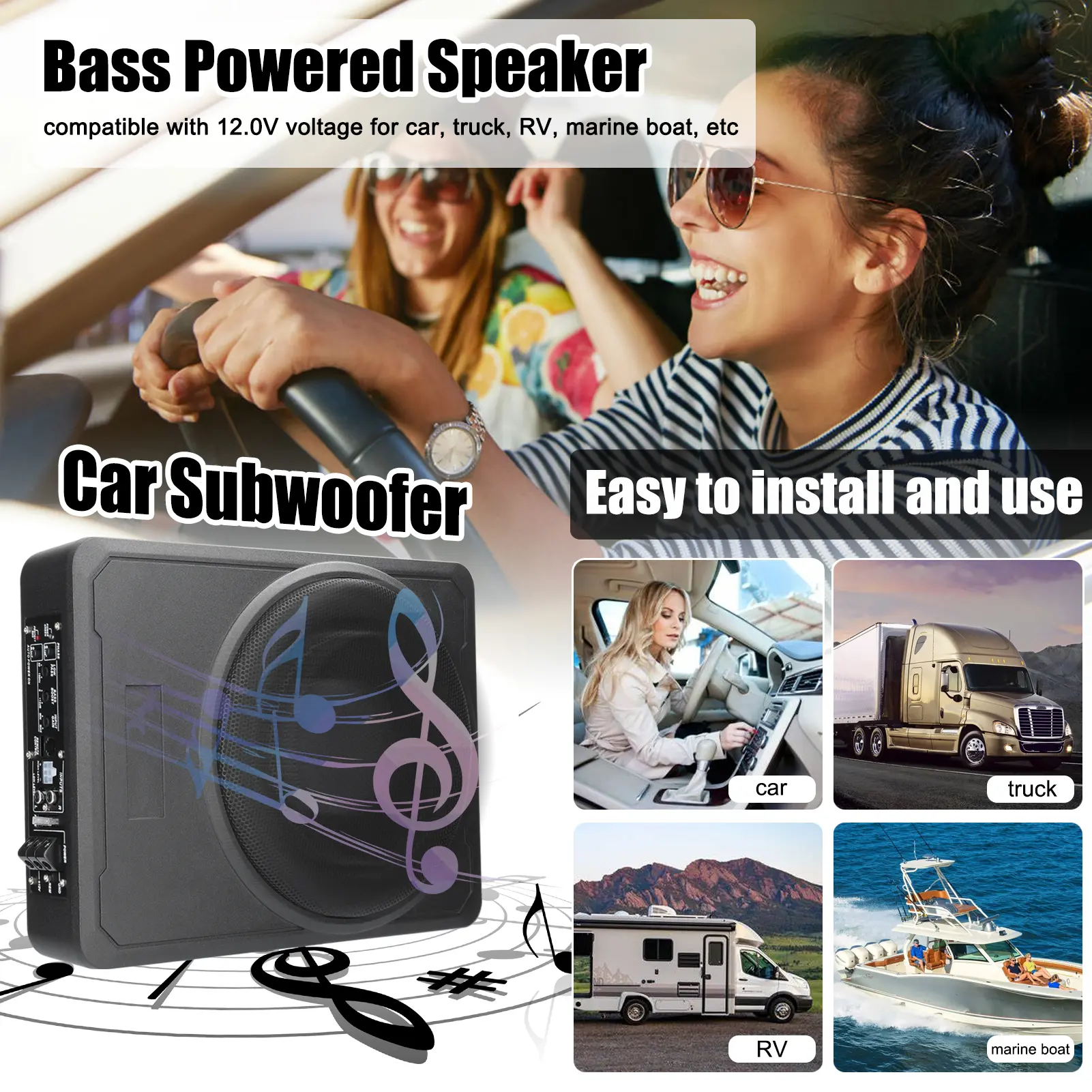 10 Inch 600W Car Subwoofer High Power Pure Bass Under-Seat Power Amplifiers Speaker 12 V for Car Truck RV