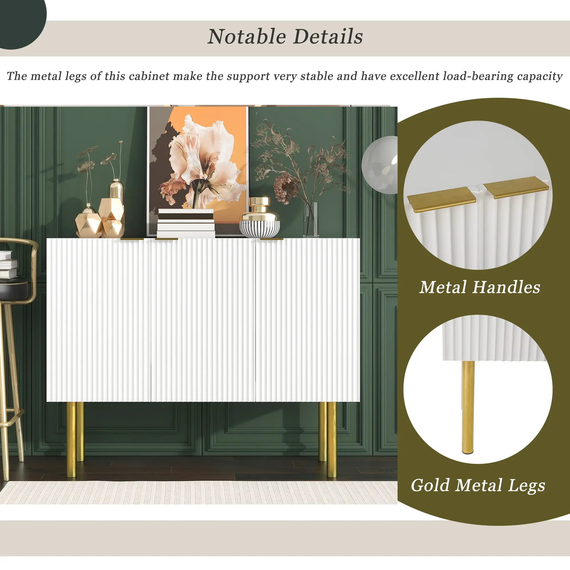 Modern Simple & Luxury Style Sideboard Particle Board & MDF Board Cabinet with Gold Metal Legs & Handles, Adjustable Shelves for