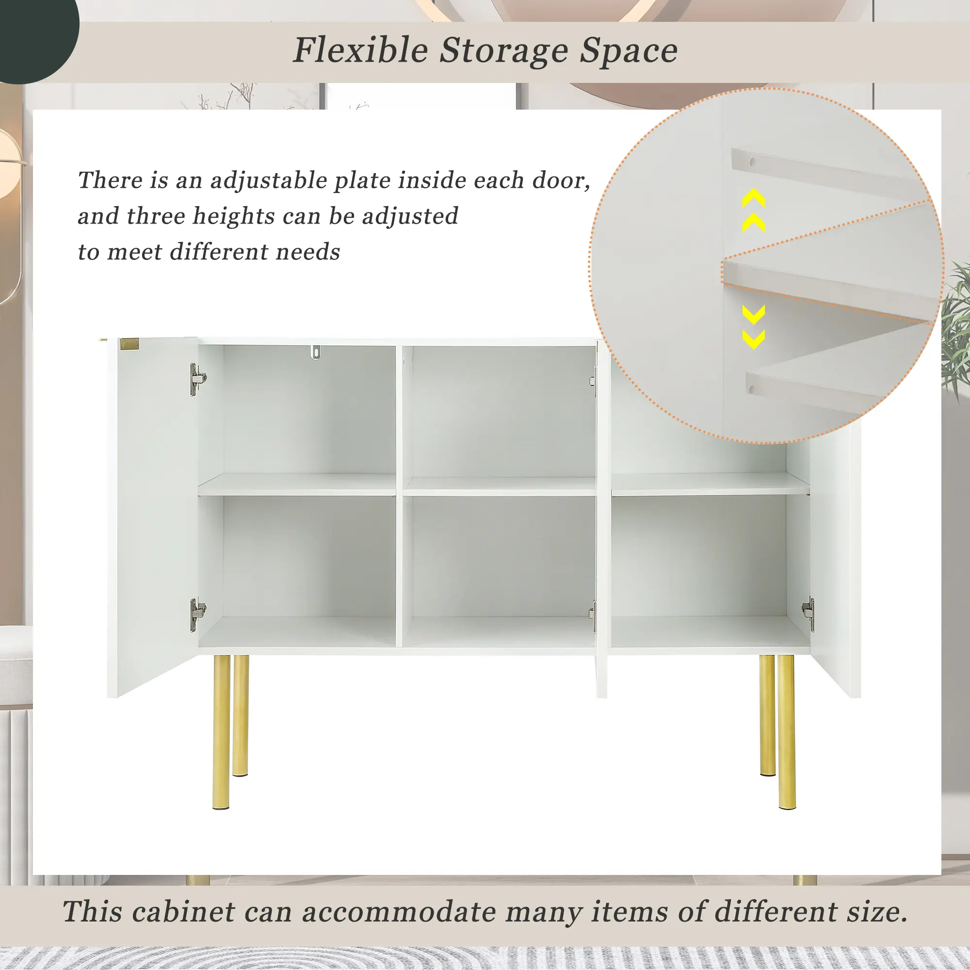 Modern Simple & Luxury Style Sideboard Particle Board & MDF Board Cabinet with Gold Metal Legs & Handles, Adjustable Shelves for