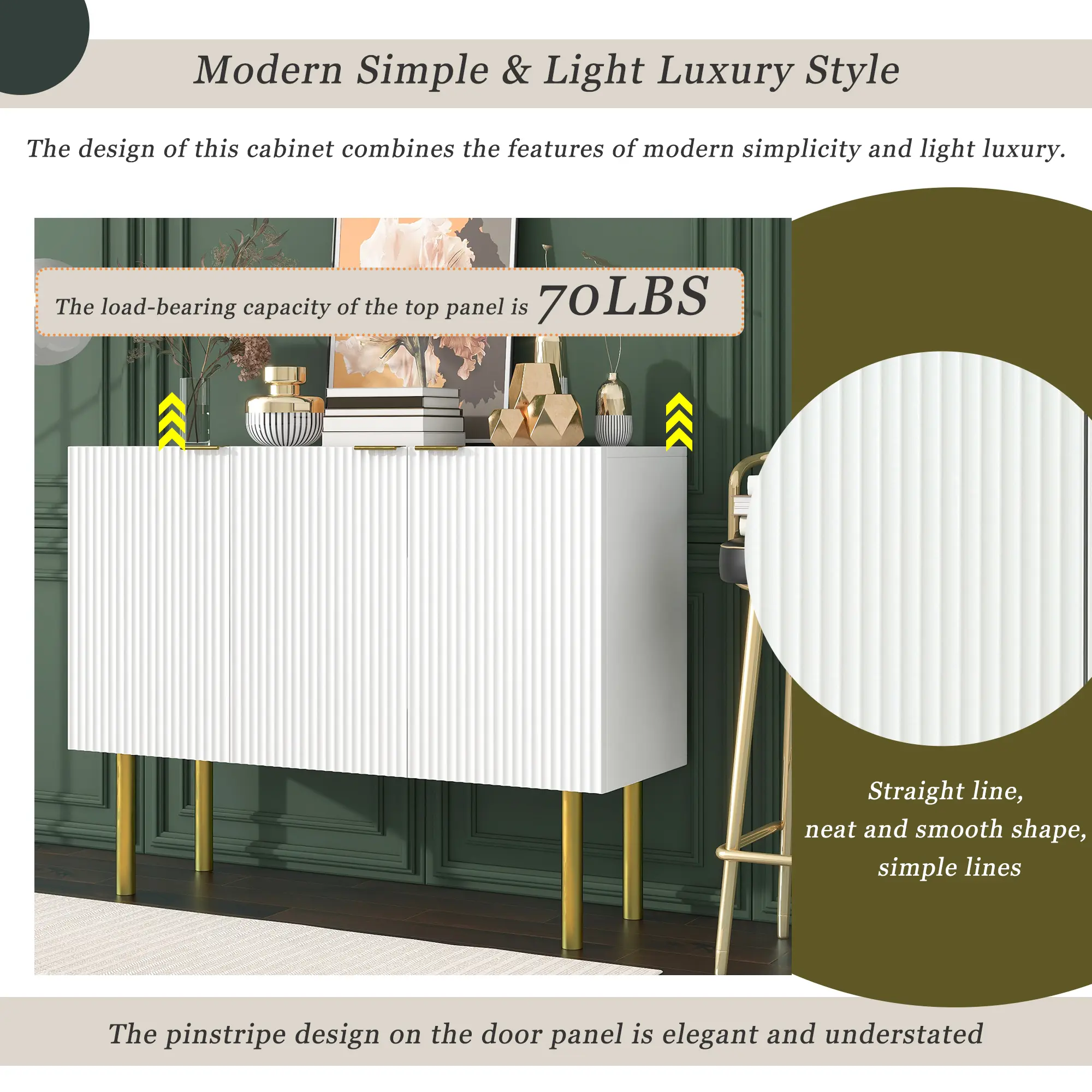 Modern Simple & Luxury Style Sideboard Particle Board & MDF Board Cabinet with Gold Metal Legs & Handles, Adjustable Shelves for