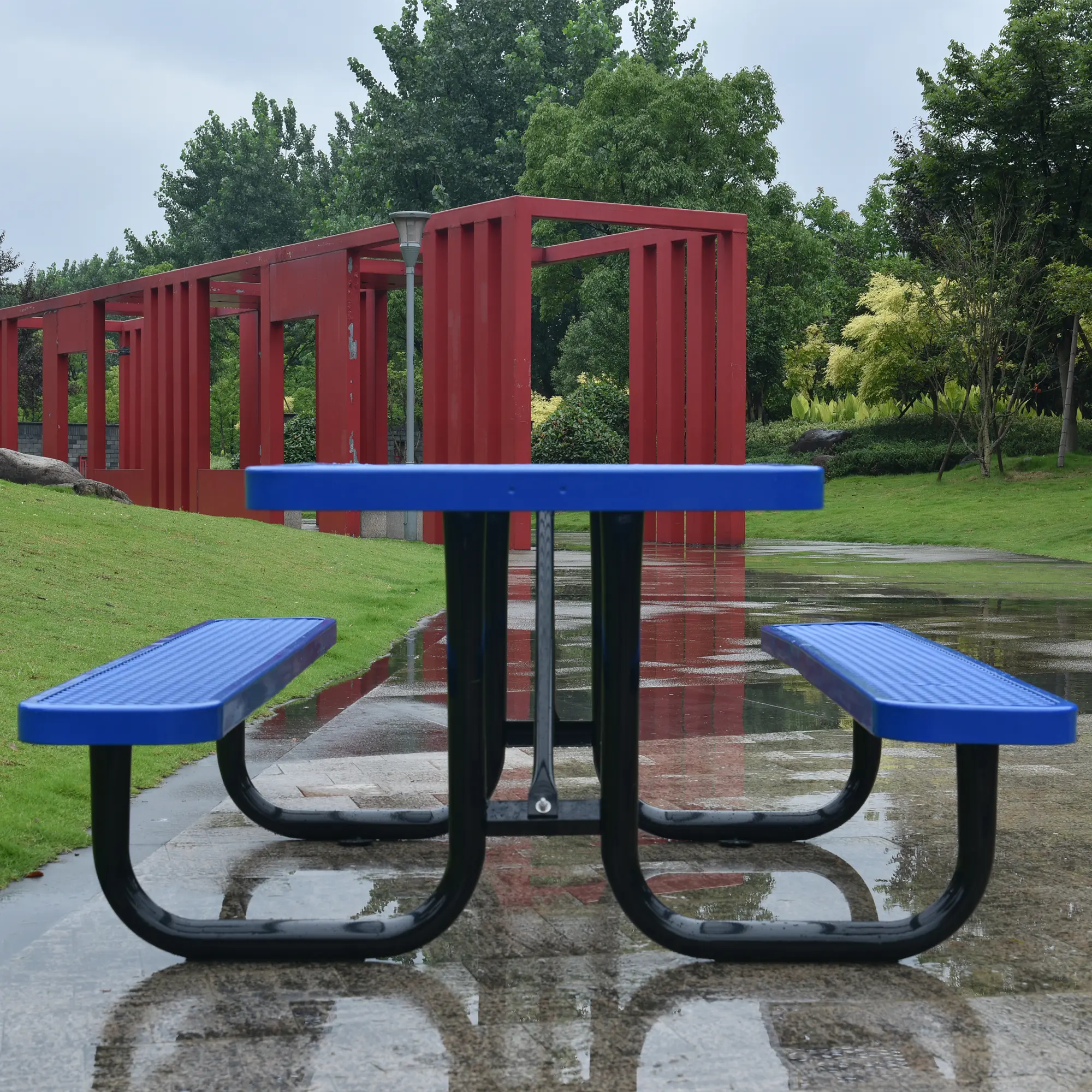 Square Outdoor Steel Picnic Table 46" blue ,with umbrella pole Garden Tables and Thairs