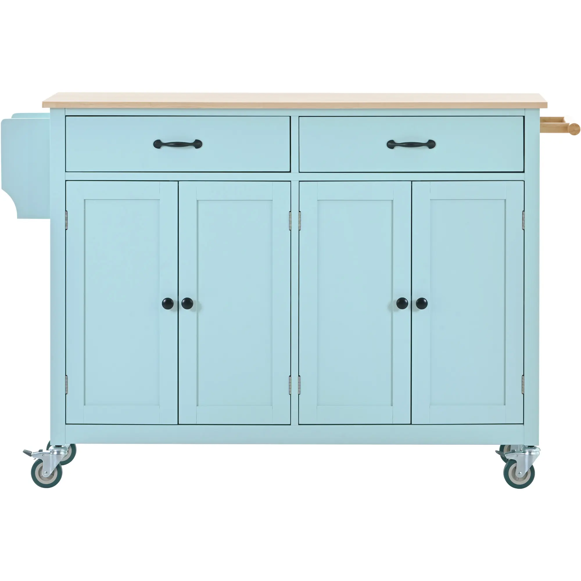 Kitchen Island Cart with 4 Door Cabinet and Two Drawers and 2 Locking Wheels - Solid Wood Top, Adjustable Shelves, Spice & Towel